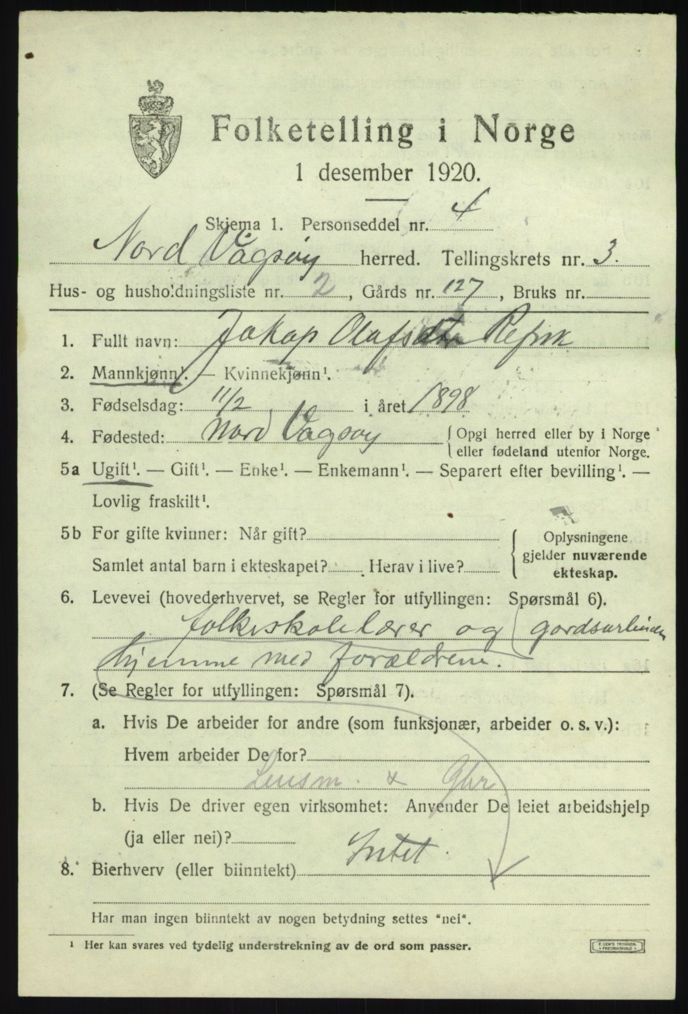 SAB, 1920 census for Nord-Vågsøy, 1920, p. 1042