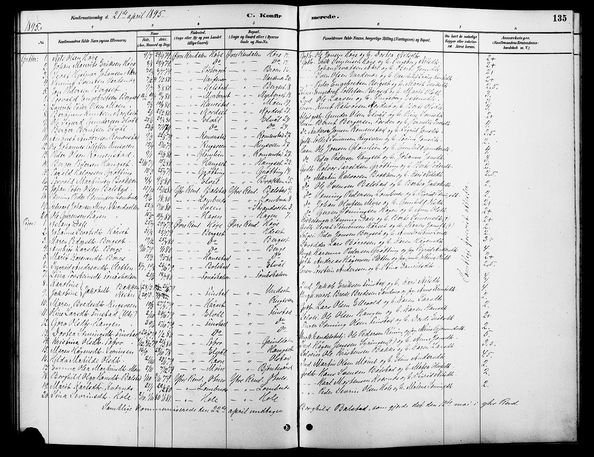 Rendalen prestekontor, SAH/PREST-054/H/Ha/Hab/L0003: Parish register (copy) no. 3, 1879-1904, p. 135