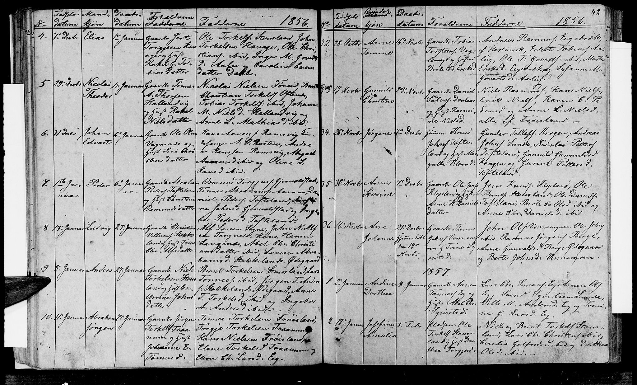 Søgne sokneprestkontor, AV/SAK-1111-0037/F/Fb/Fbb/L0003: Parish register (copy) no. B 3, 1848-1864, p. 42