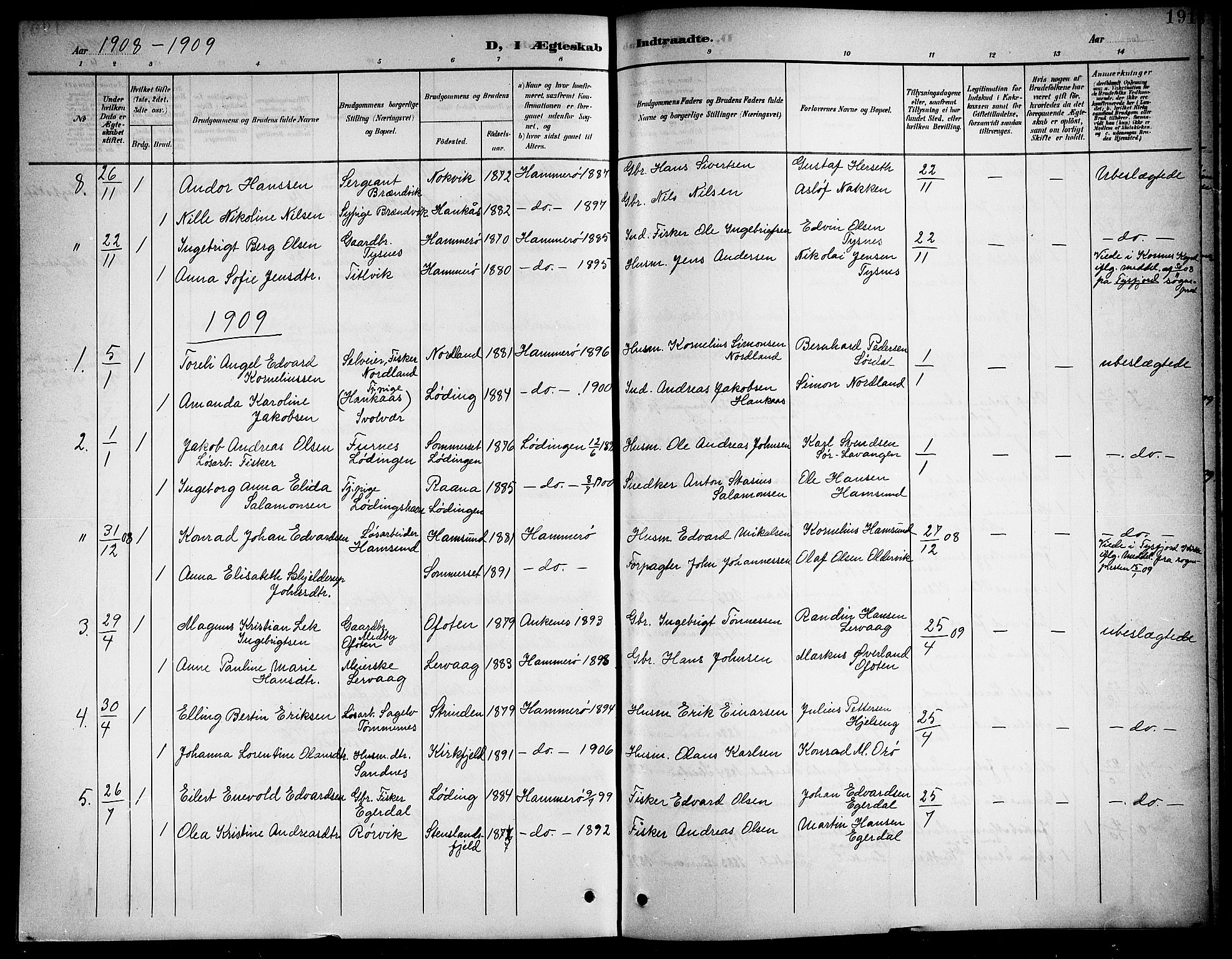Ministerialprotokoller, klokkerbøker og fødselsregistre - Nordland, SAT/A-1459/859/L0860: Parish register (copy) no. 859C06, 1899-1909, p. 191