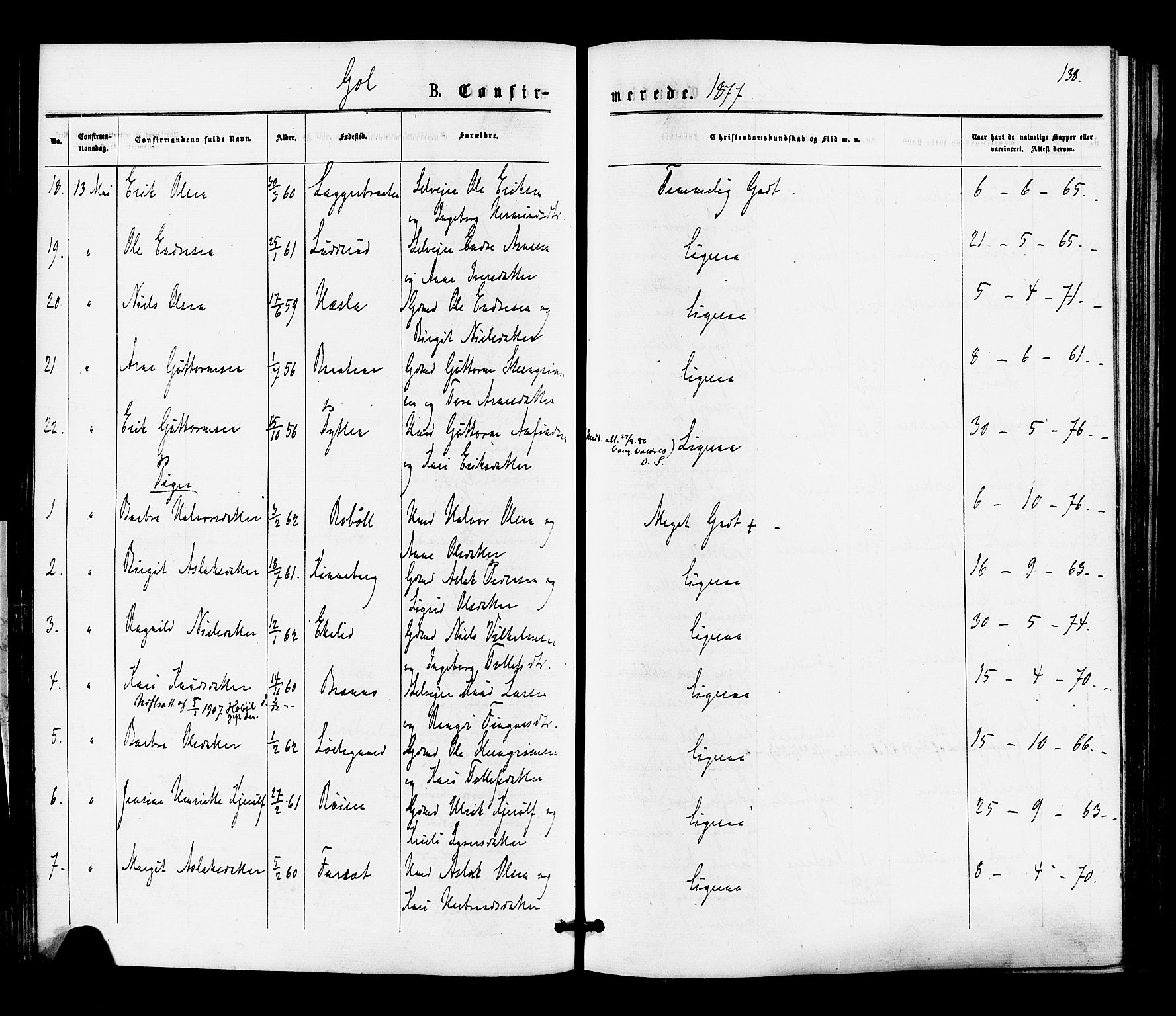 Gol kirkebøker, SAKO/A-226/F/Fa/L0004: Parish register (official) no. I 4, 1876-1886, p. 138