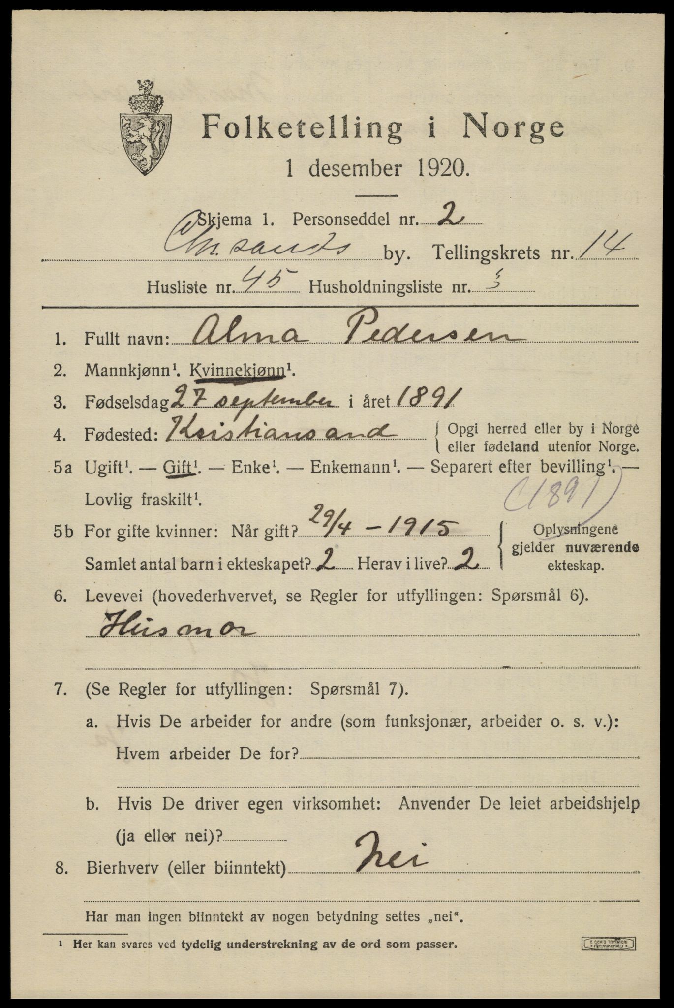 SAK, 1920 census for Kristiansand, 1920, p. 29661
