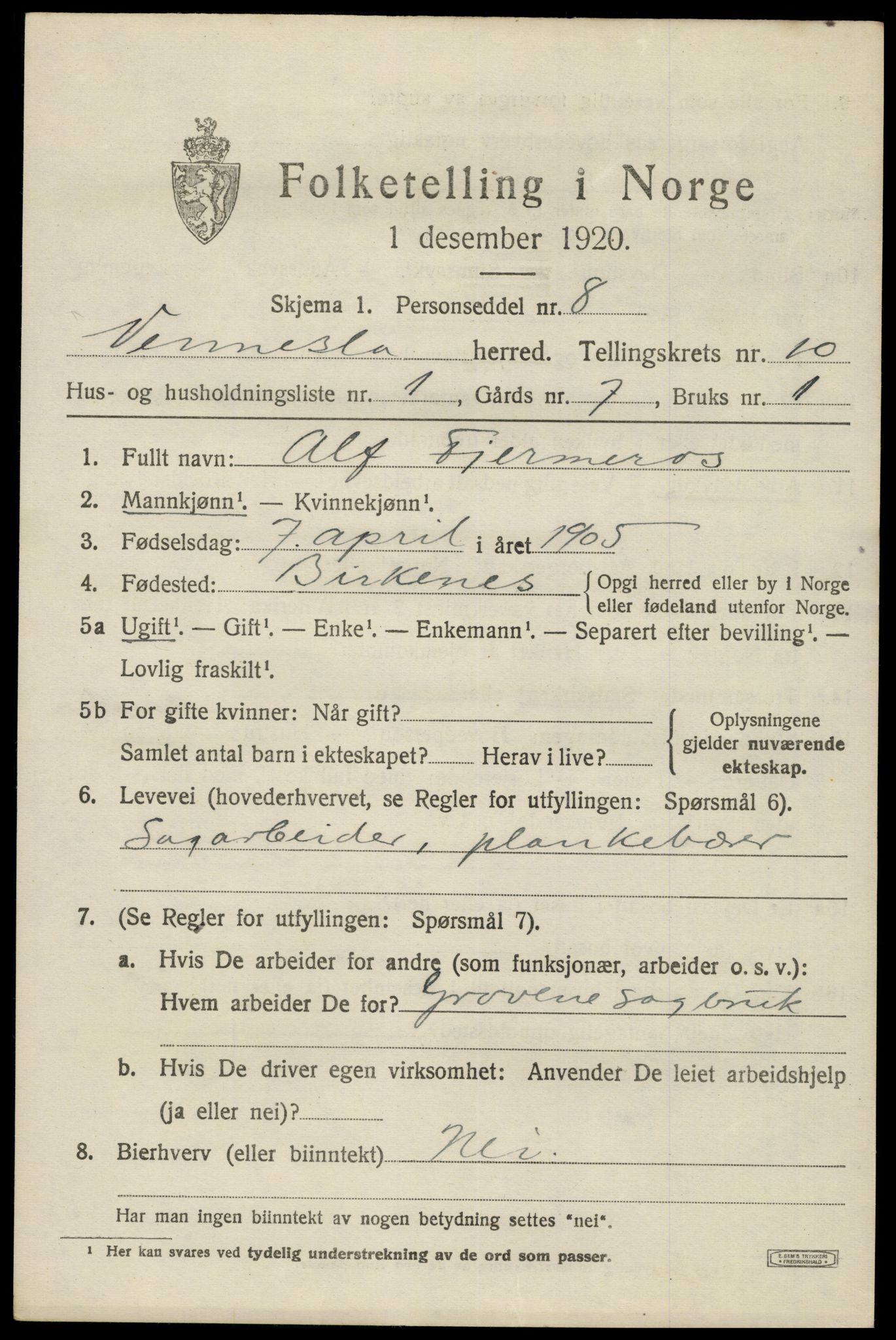 SAK, 1920 census for Vennesla, 1920, p. 6734