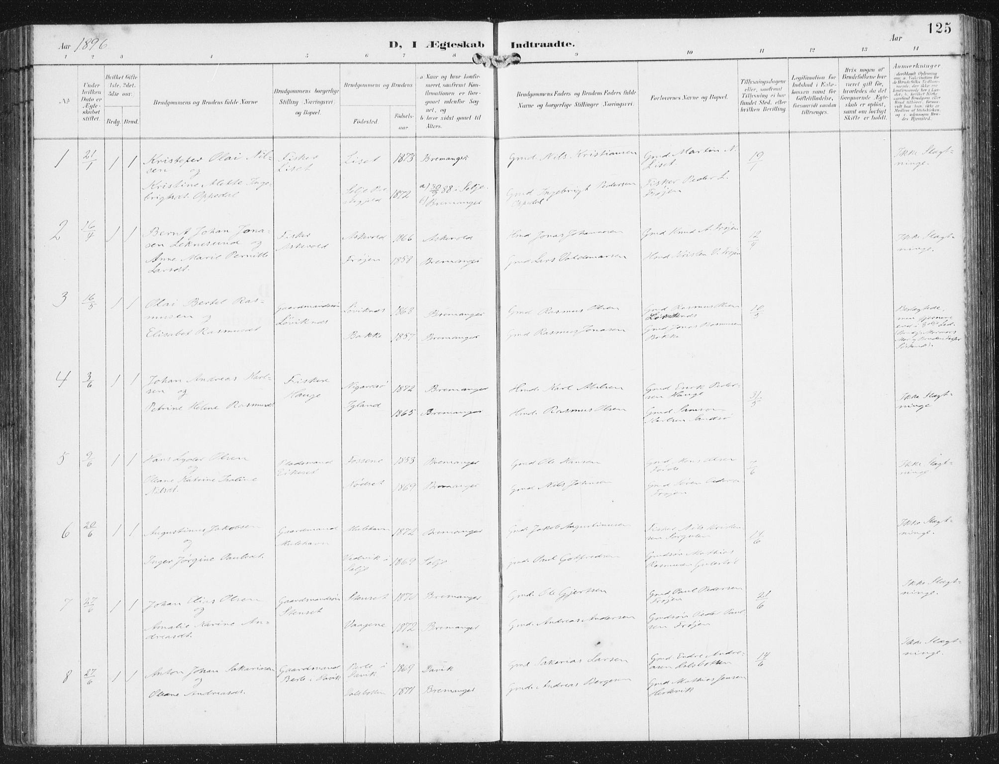 Bremanger sokneprestembete, SAB/A-82201/H/Haa/Haab/L0002: Parish register (official) no. B  2, 1896-1908, p. 125