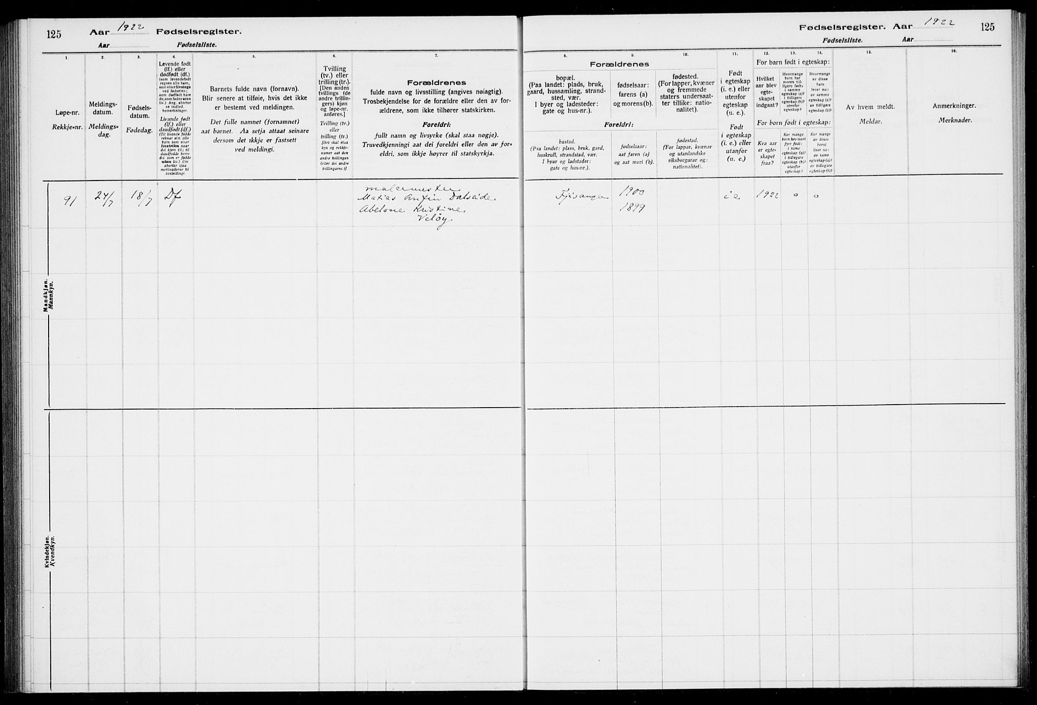 Birkeland Sokneprestembete, AV/SAB-A-74601/I/Id/L00A1: Birth register no. A 1, 1916-1926, p. 125