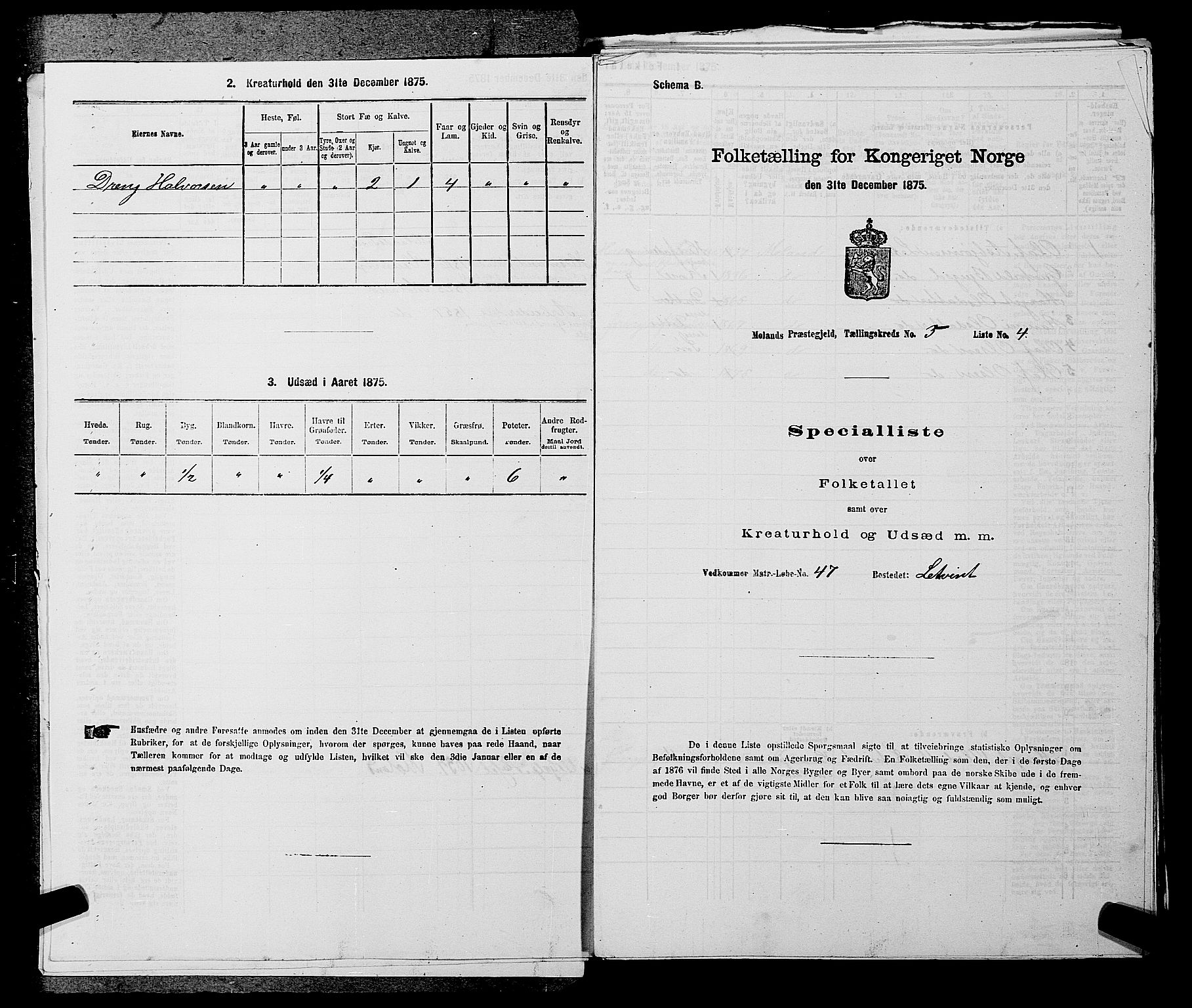 SAKO, 1875 census for 0831P Moland, 1875, p. 447