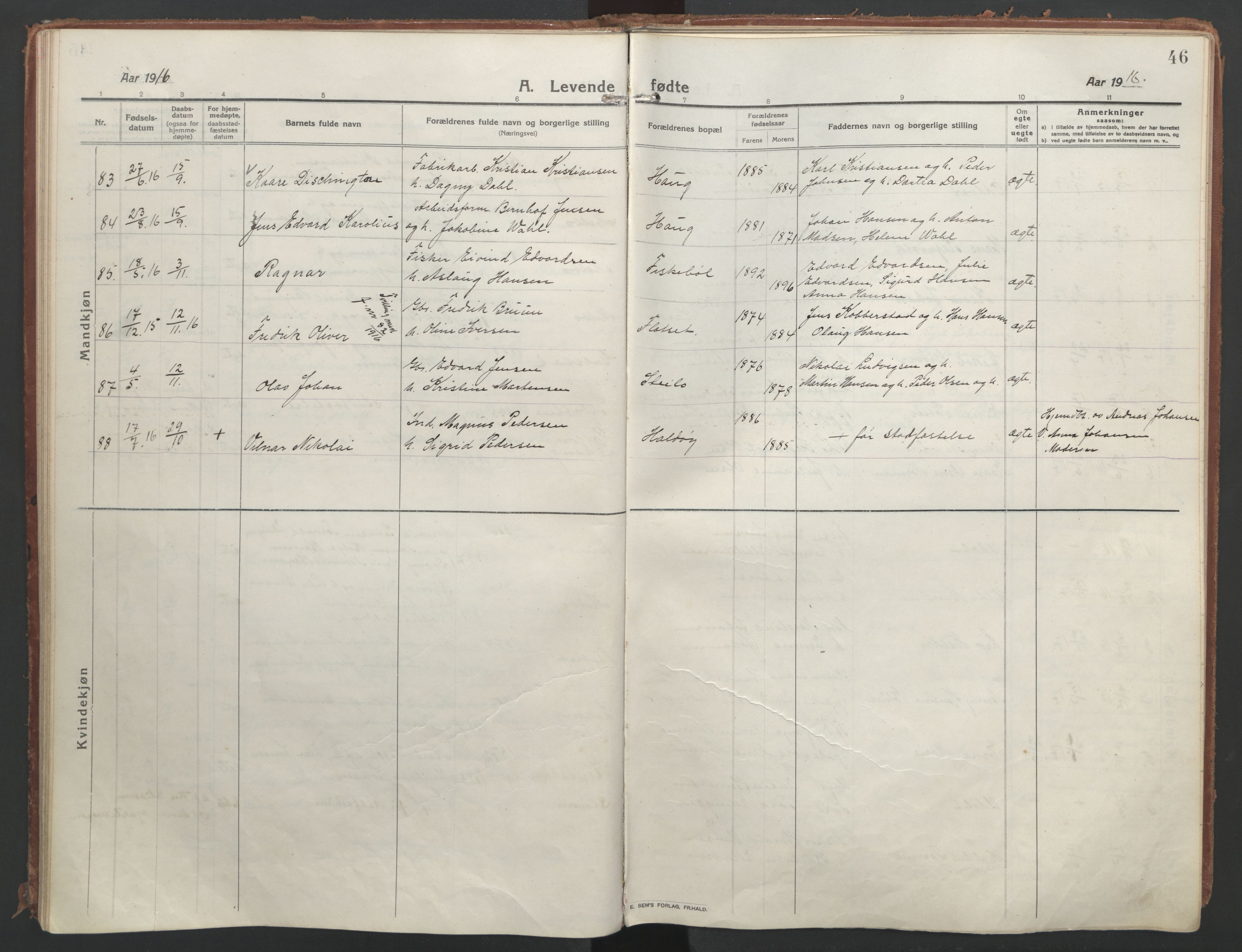 Ministerialprotokoller, klokkerbøker og fødselsregistre - Nordland, AV/SAT-A-1459/888/L1250: Parish register (official) no. 888A16, 1913-1925, p. 46