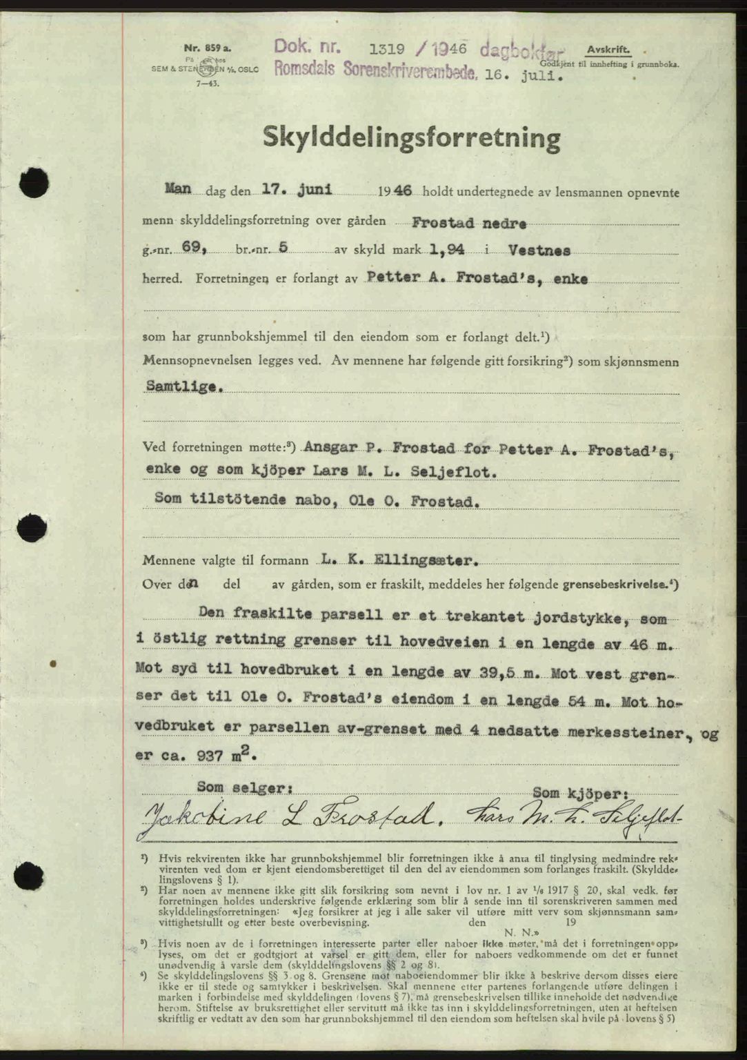 Romsdal sorenskriveri, AV/SAT-A-4149/1/2/2C: Mortgage book no. A20, 1946-1946, Diary no: : 1319/1946