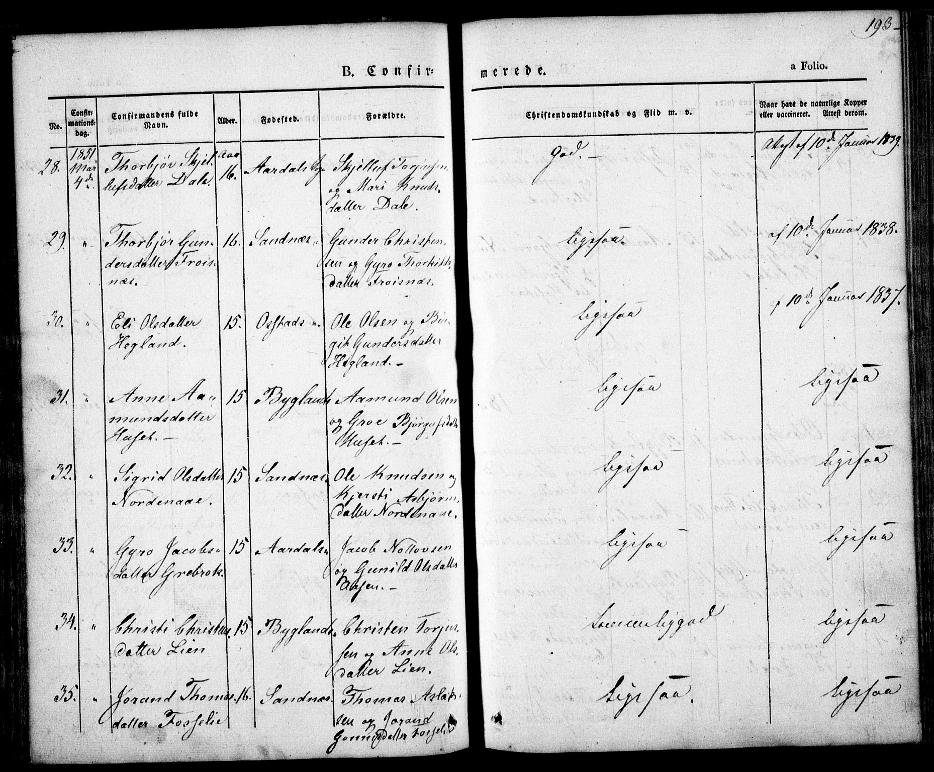 Bygland sokneprestkontor, AV/SAK-1111-0006/F/Fa/Fab/L0004: Parish register (official) no. A 4, 1842-1858, p. 193