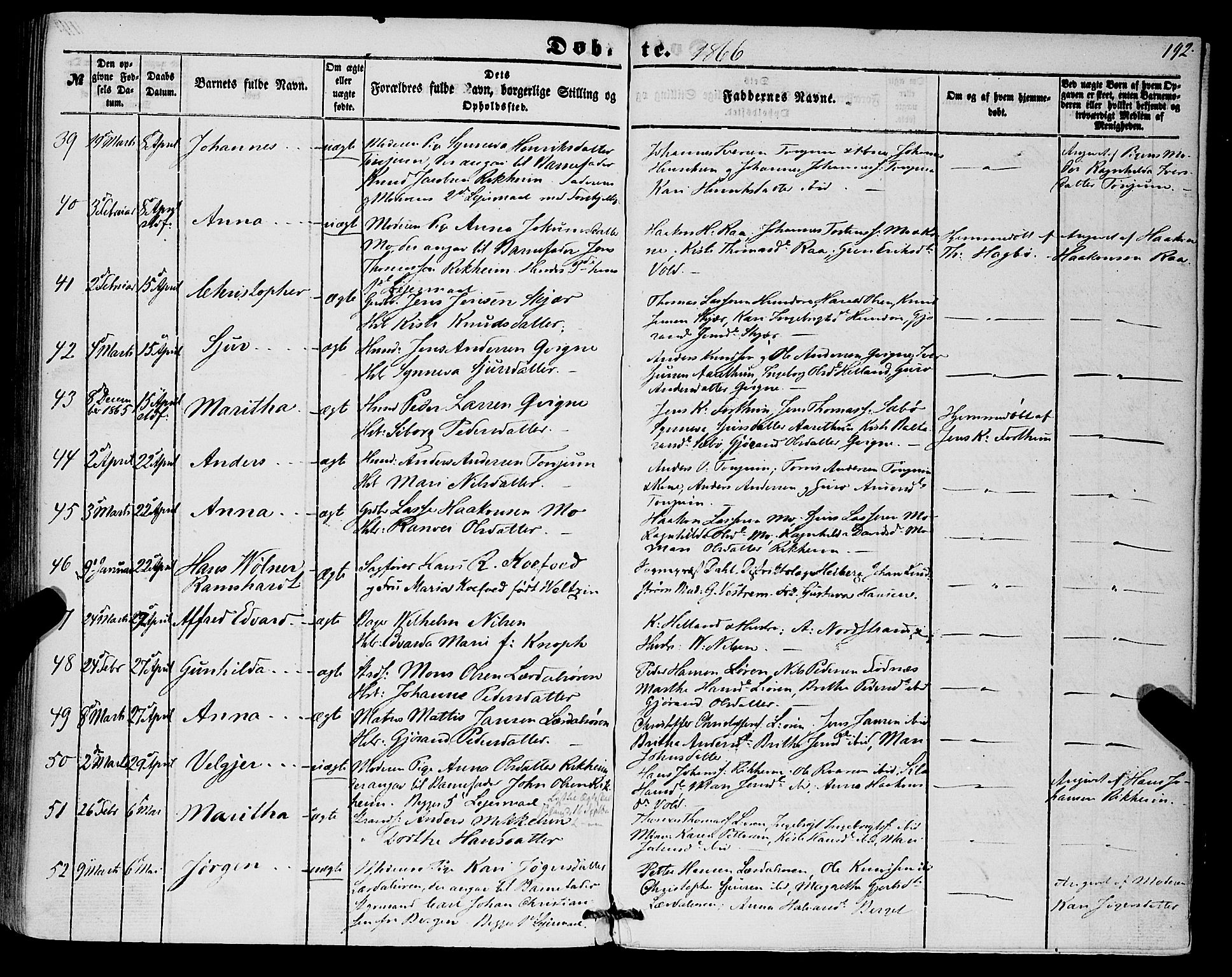 Lærdal sokneprestembete, SAB/A-81201: Parish register (official) no. A 11, 1850-1866, p. 192