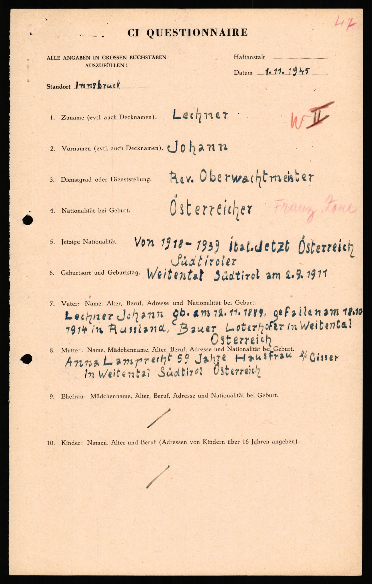 Forsvaret, Forsvarets overkommando II, AV/RA-RAFA-3915/D/Db/L0039: CI Questionaires. Tyske okkupasjonsstyrker i Norge. Østerrikere., 1945-1946, p. 285