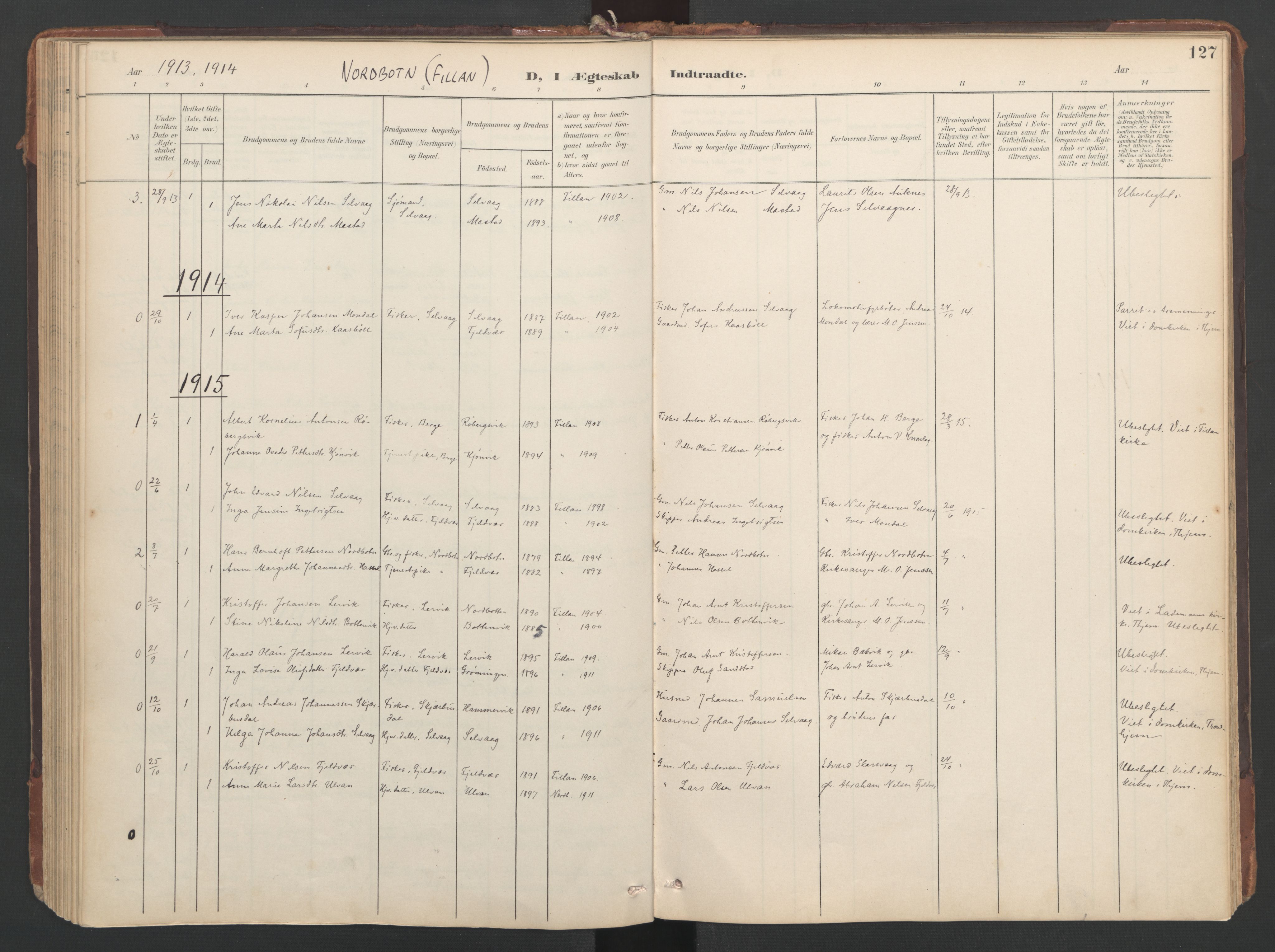 Ministerialprotokoller, klokkerbøker og fødselsregistre - Sør-Trøndelag, SAT/A-1456/638/L0568: Parish register (official) no. 638A01, 1901-1916, p. 127