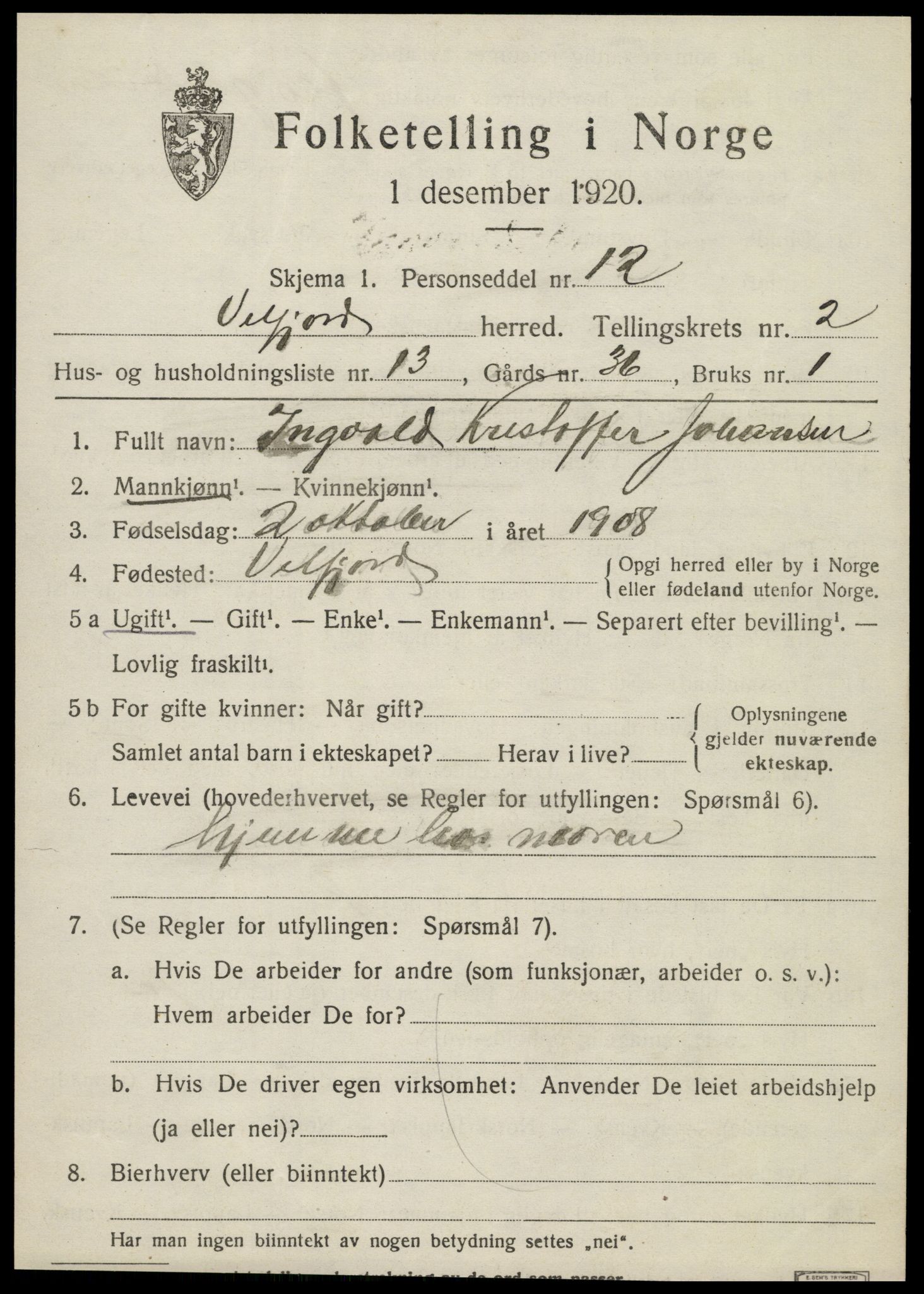 SAT, 1920 census for Velfjord, 1920, p. 1359