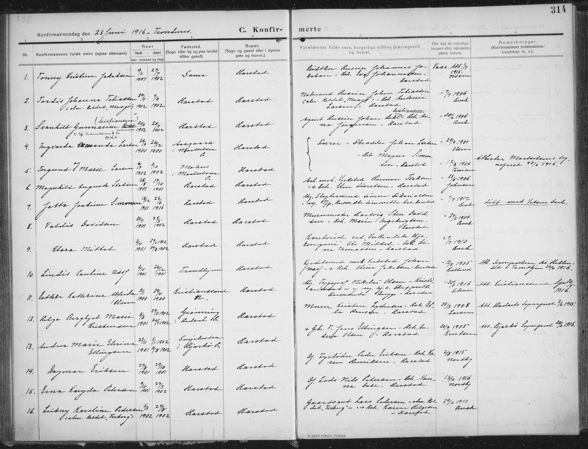 Trondenes sokneprestkontor, AV/SATØ-S-1319/H/Ha/L0018kirke: Parish register (official) no. 18, 1909-1918, p. 314