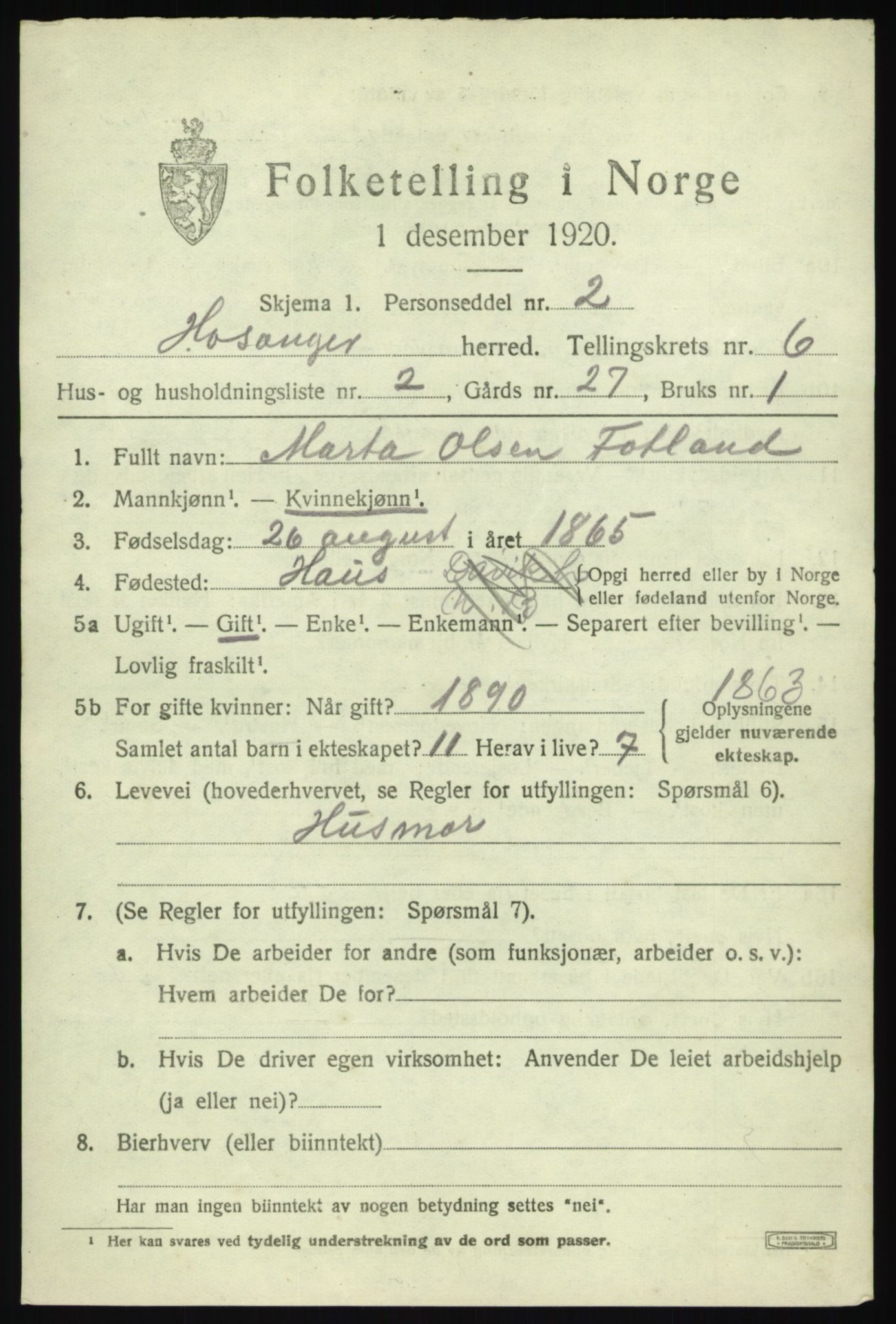 SAB, 1920 census for Hosanger, 1920, p. 2585