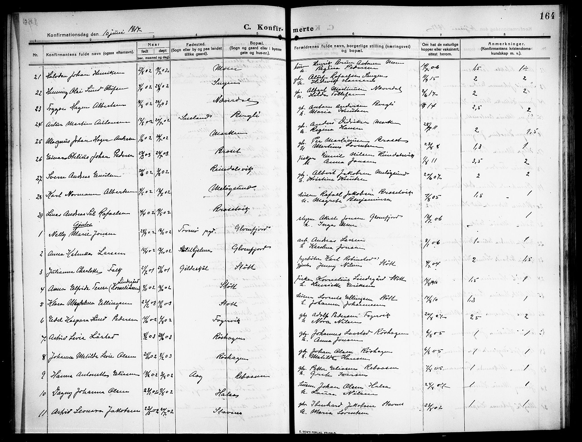 Ministerialprotokoller, klokkerbøker og fødselsregistre - Nordland, AV/SAT-A-1459/843/L0639: Parish register (copy) no. 843C08, 1908-1924, p. 164