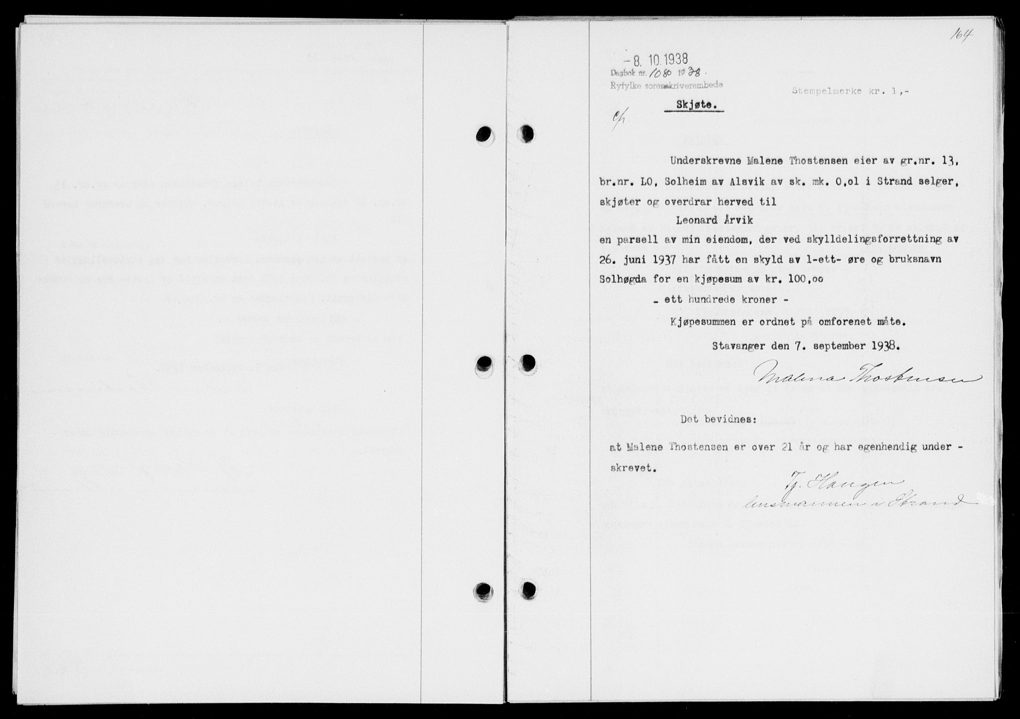 Ryfylke tingrett, SAST/A-100055/001/II/IIB/L0078: Mortgage book no. 57, 1938-1938, Diary no: : 1080/1938