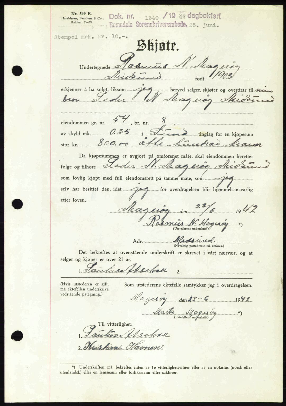 Romsdal sorenskriveri, AV/SAT-A-4149/1/2/2C: Mortgage book no. A12, 1942-1942, Diary no: : 1340/1942