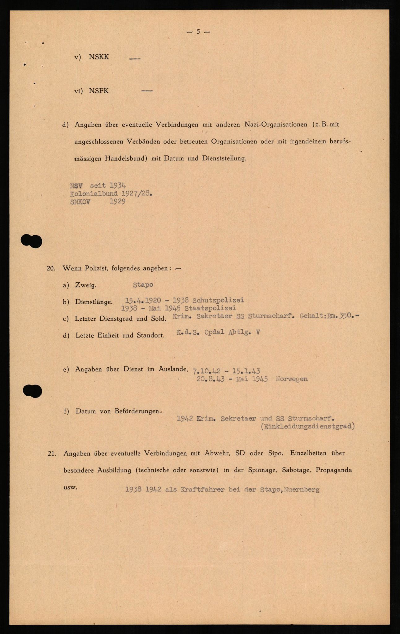 Forsvaret, Forsvarets overkommando II, RA/RAFA-3915/D/Db/L0010: CI Questionaires. Tyske okkupasjonsstyrker i Norge. Tyskere., 1945-1946, p. 396