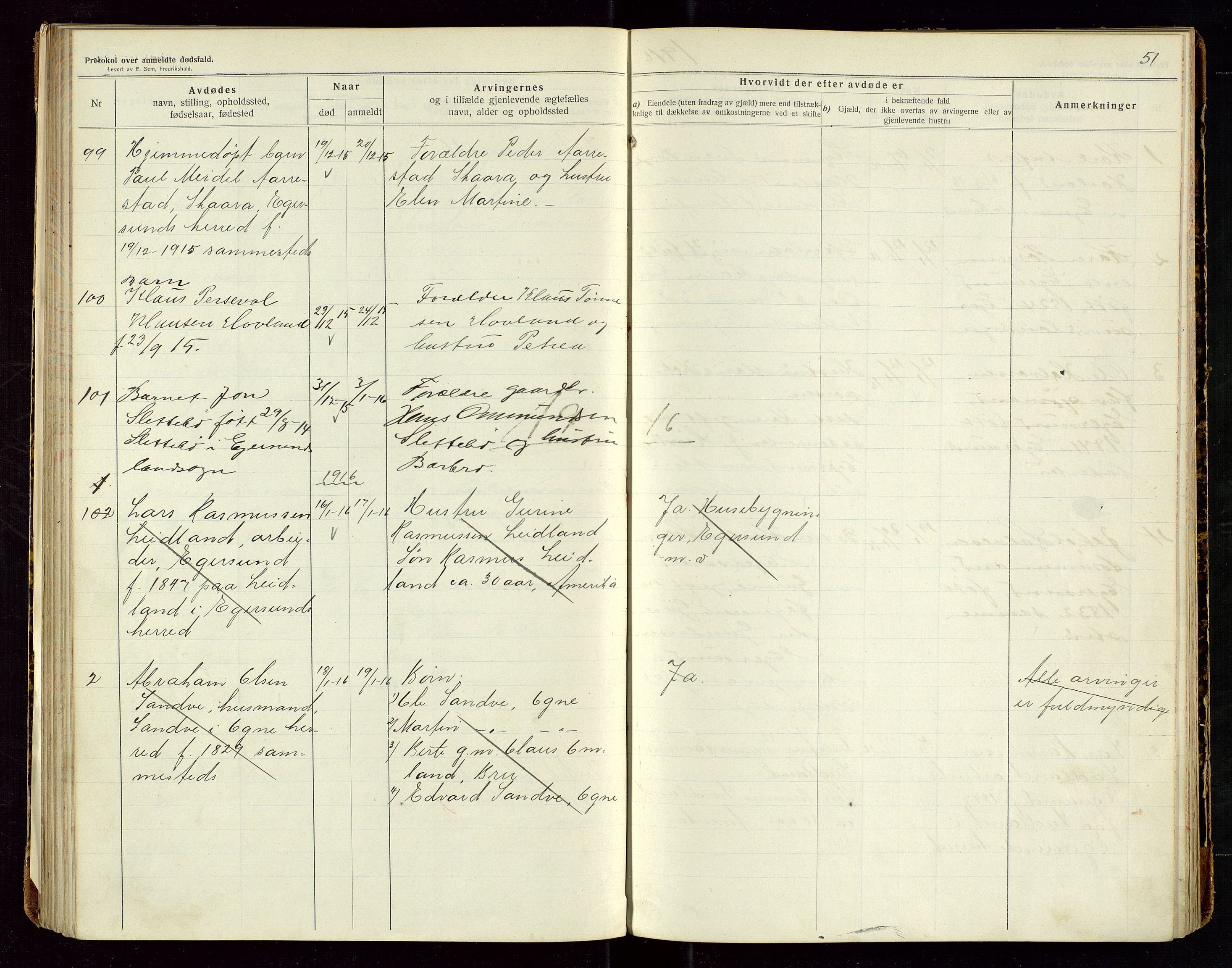 Eigersund lensmannskontor, SAST/A-100171/Gga/L0006: "Protokol over anmeldte dødsfald" m/alfabetisk navneregister, 1914-1917, p. 51