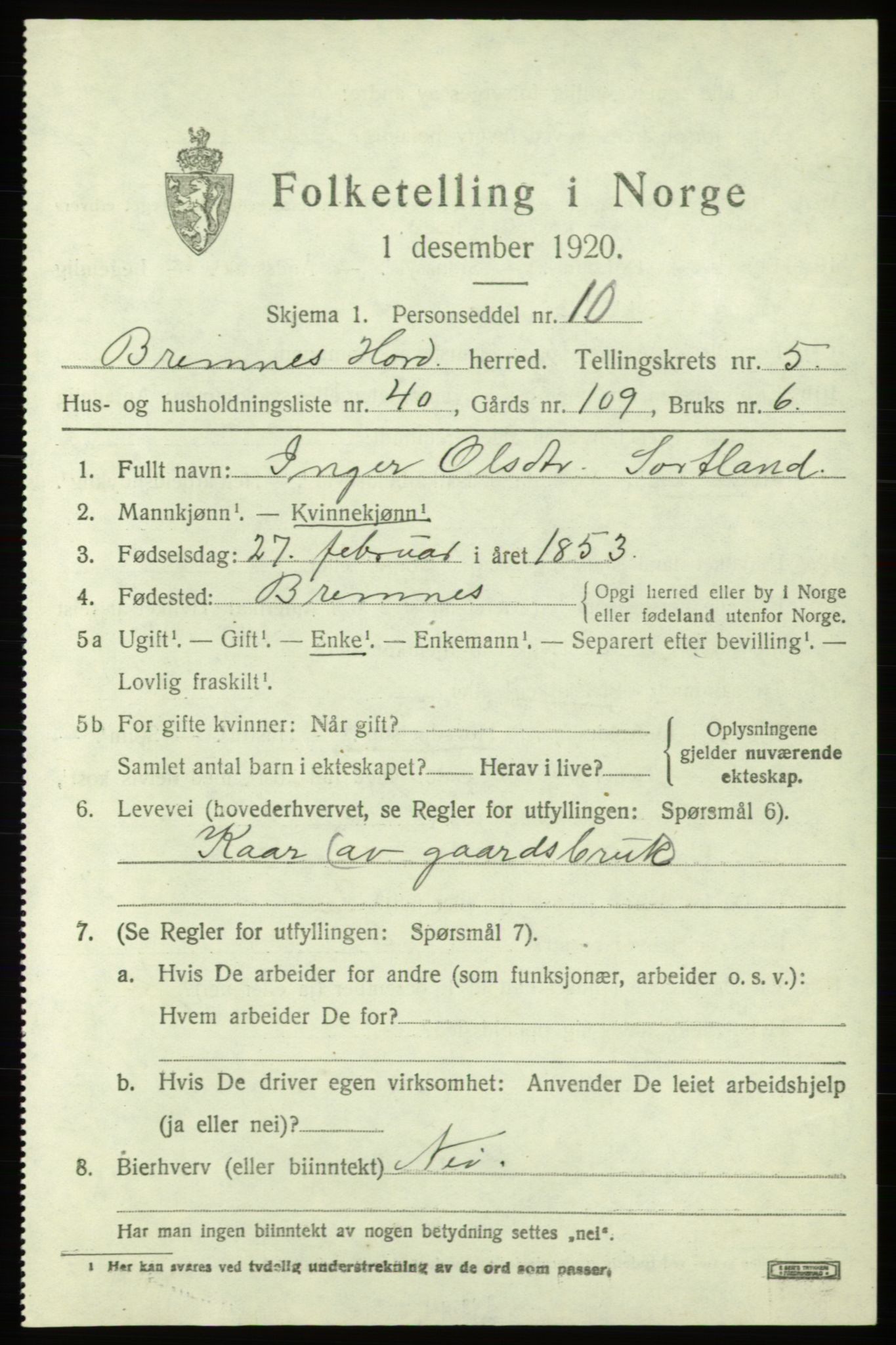 SAB, 1920 census for Bremnes, 1920, p. 3044