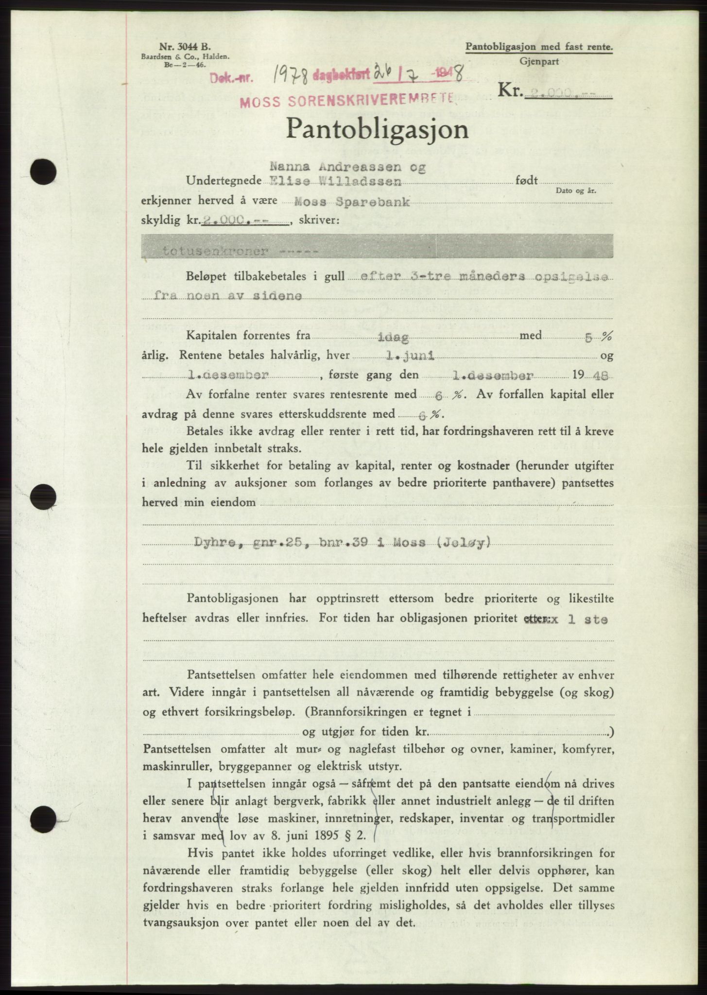 Moss sorenskriveri, AV/SAO-A-10168: Mortgage book no. B20, 1948-1948, Diary no: : 1978/1948