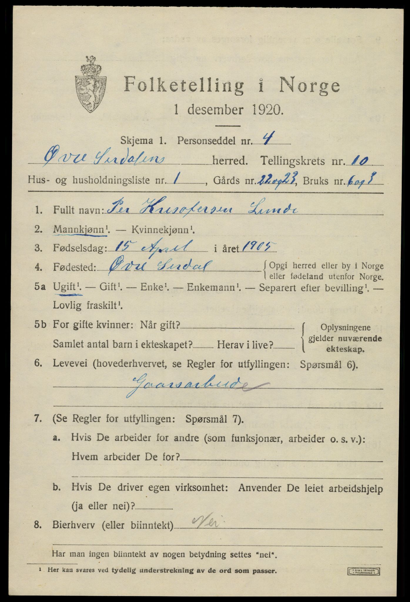 SAK, 1920 census for Øvre Sirdal, 1920, p. 1665