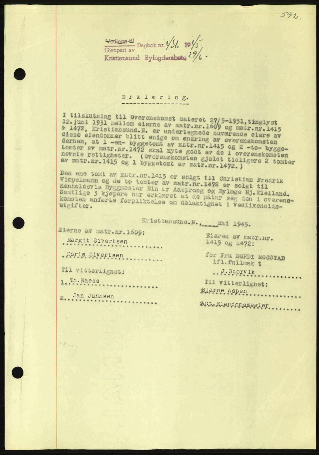 Kristiansund byfogd, SAT/A-4587/A/27: Mortgage book no. 37-38, 1943-1945, Diary no: : 436/1945