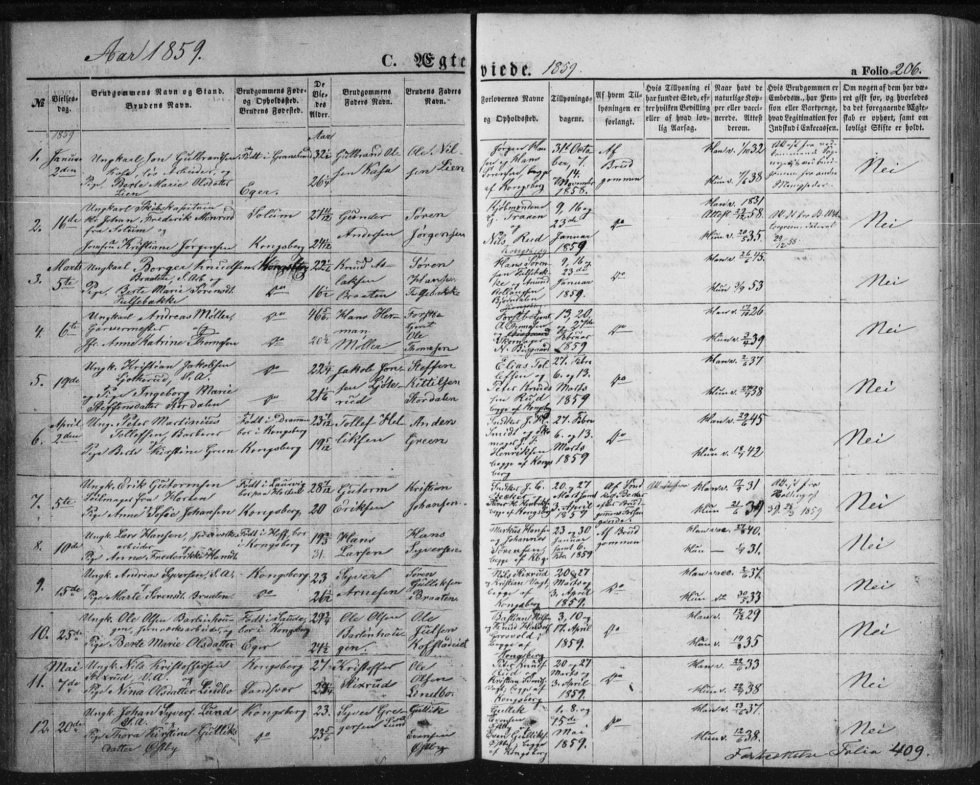Kongsberg kirkebøker, SAKO/A-22/F/Fa/L0010: Parish register (official) no. I 10, 1859-1875, p. 206