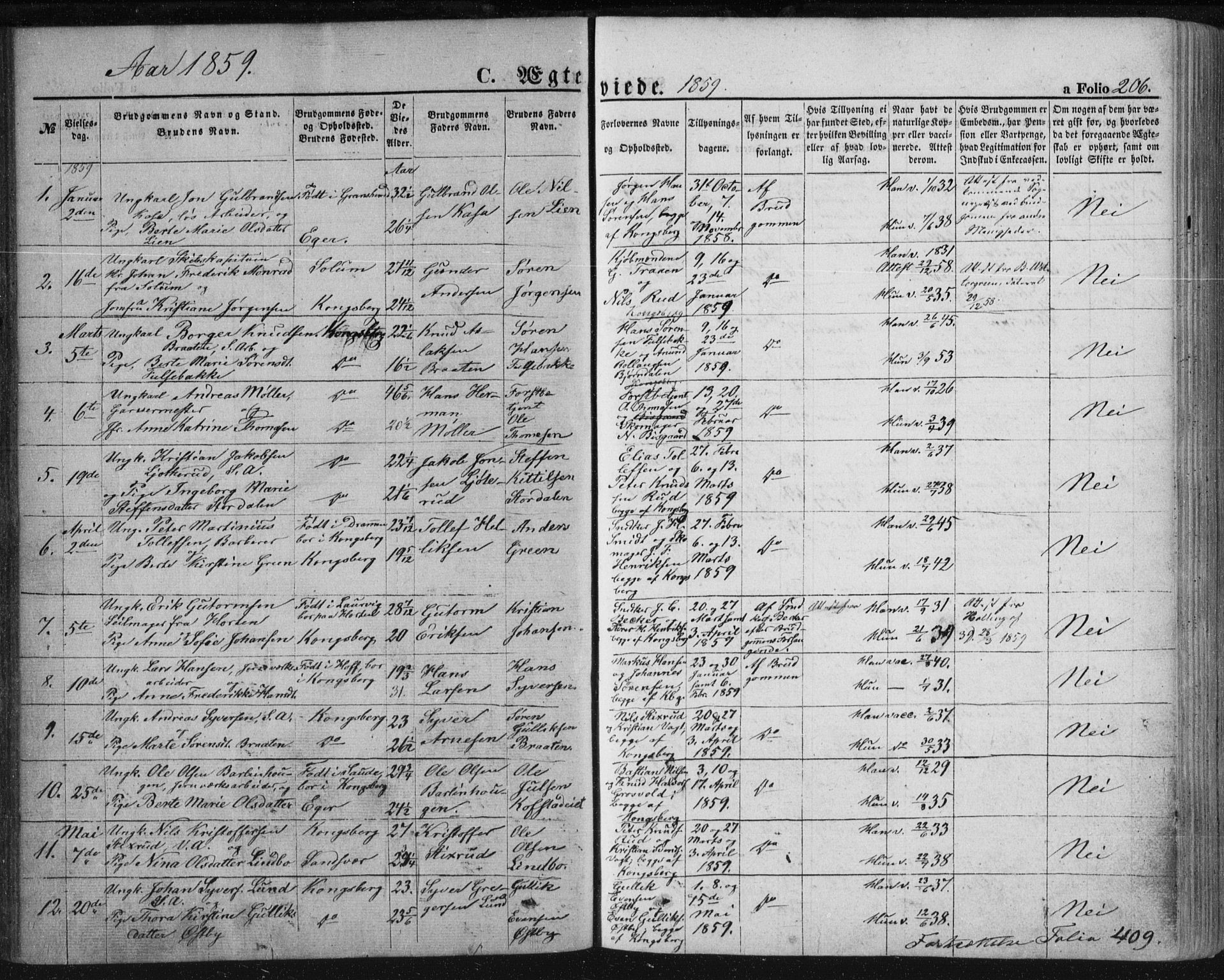 Kongsberg kirkebøker, AV/SAKO-A-22/F/Fa/L0010: Parish register (official) no. I 10, 1859-1875, p. 206