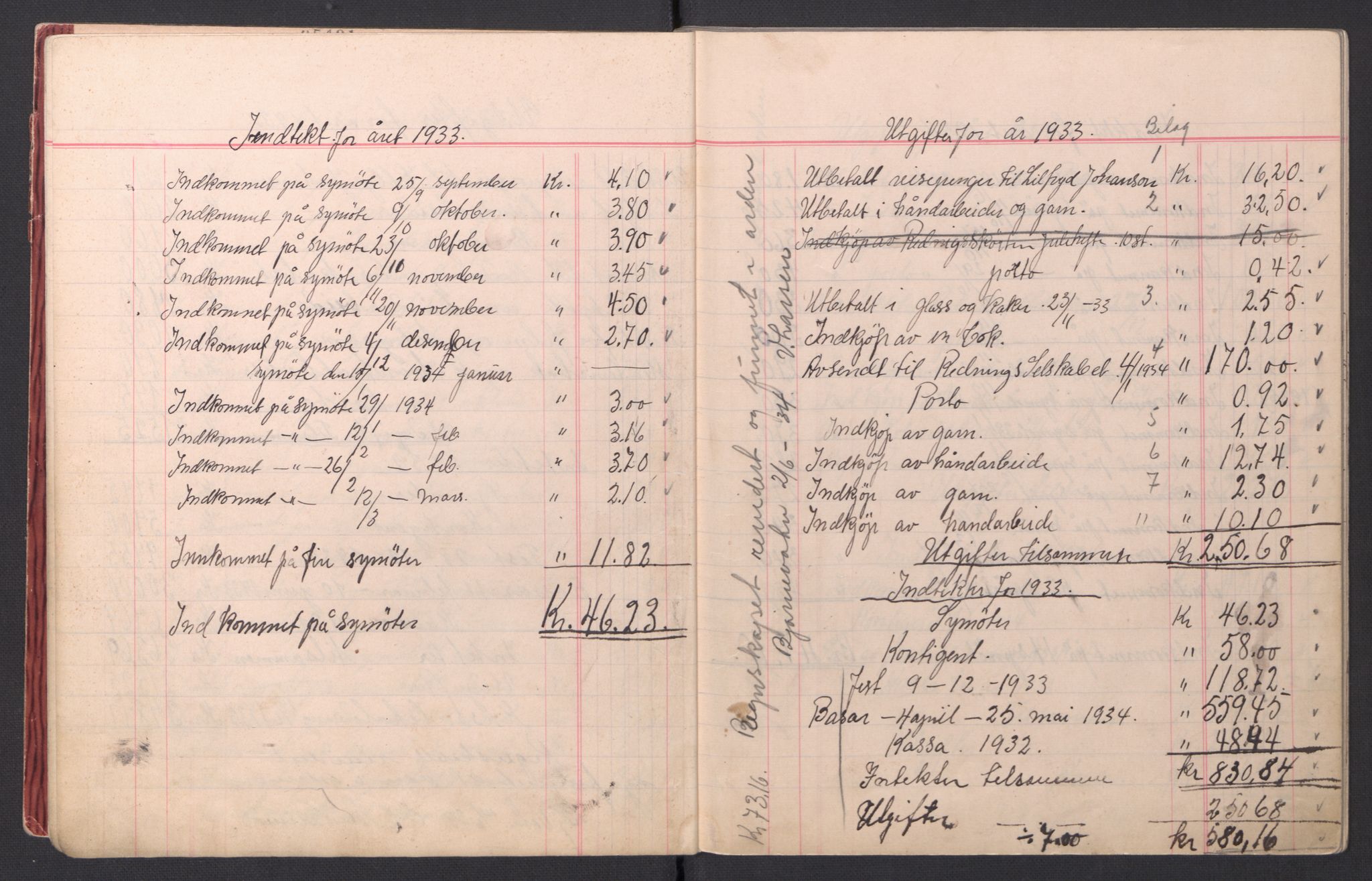 Redningsselskapet (NSSR), AV/RA-PA-1393/2/I/Ib/L0001/0004: Foreningsarkiver / Redningssakens kvinneforening i Bjørnevatn - Kassabok, 1930-1958