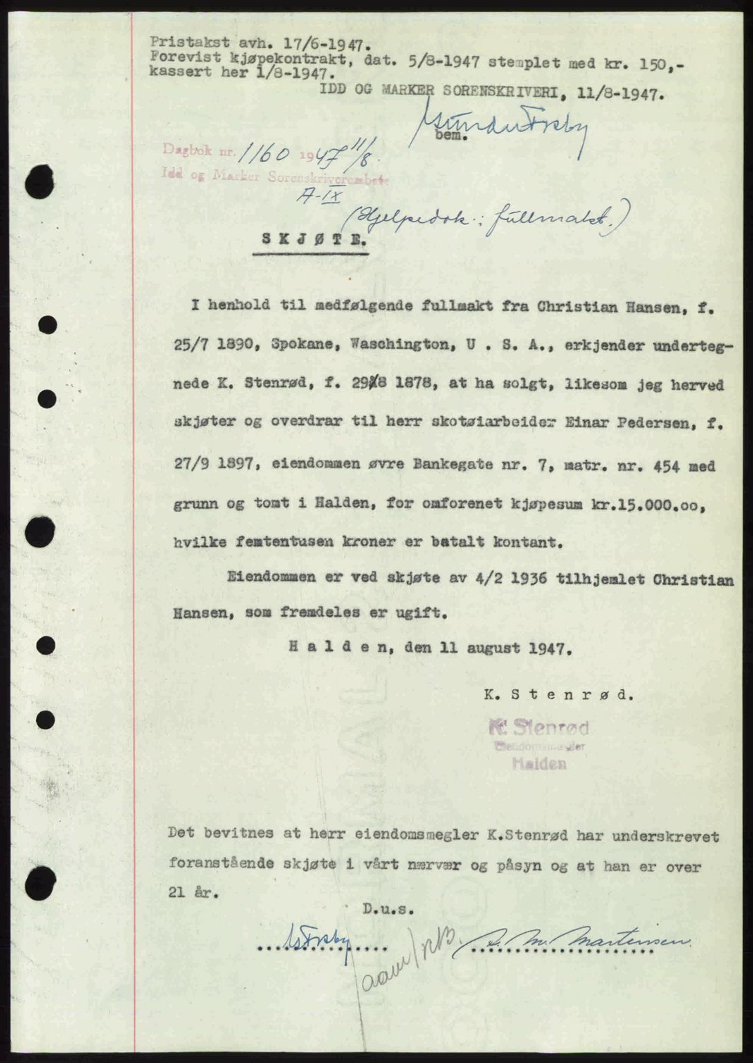 Idd og Marker sorenskriveri, SAO/A-10283/G/Gb/Gbb/L0009: Mortgage book no. A9, 1946-1947, Diary no: : 1160/1947