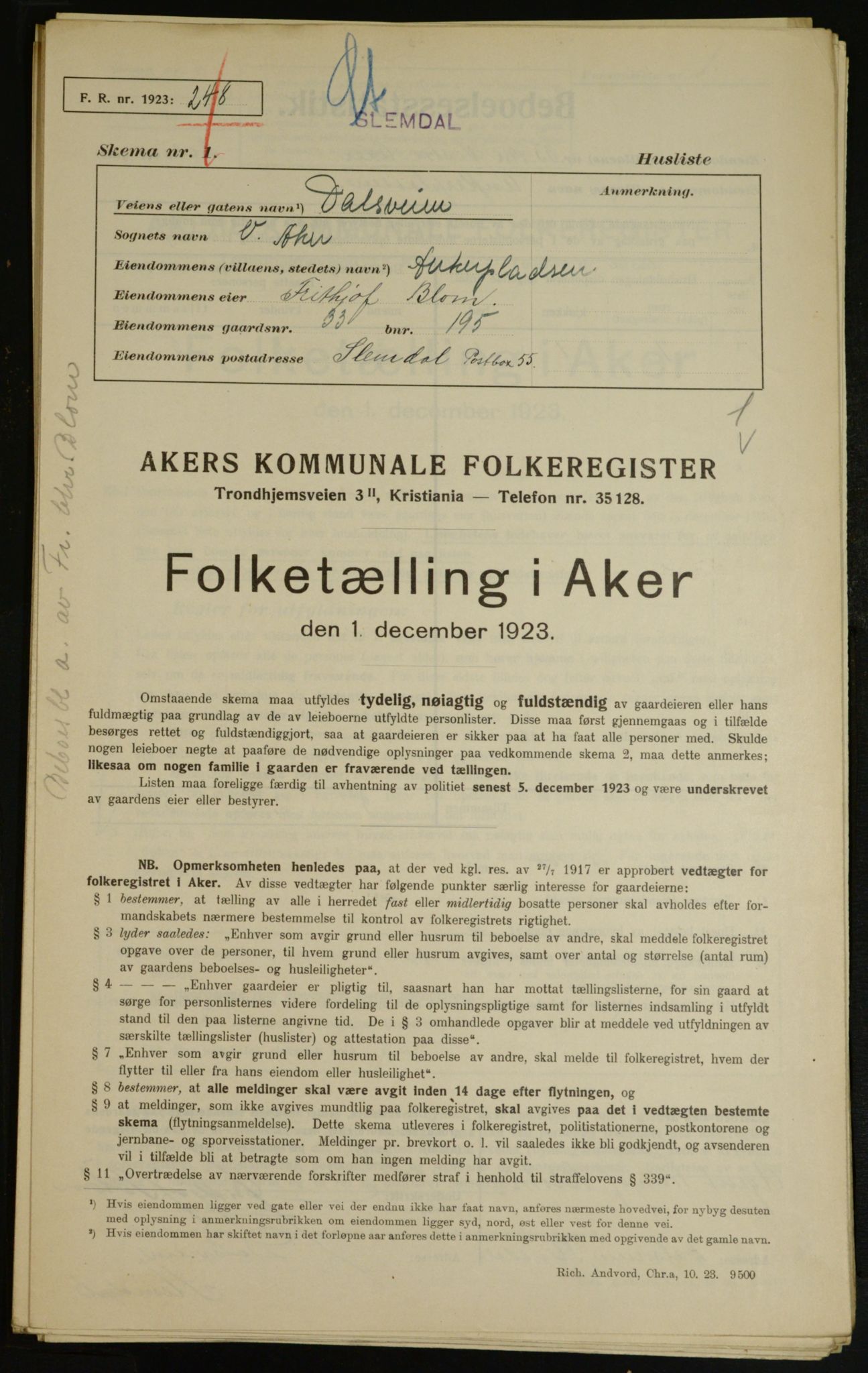 , Municipal Census 1923 for Aker, 1923, p. 8854