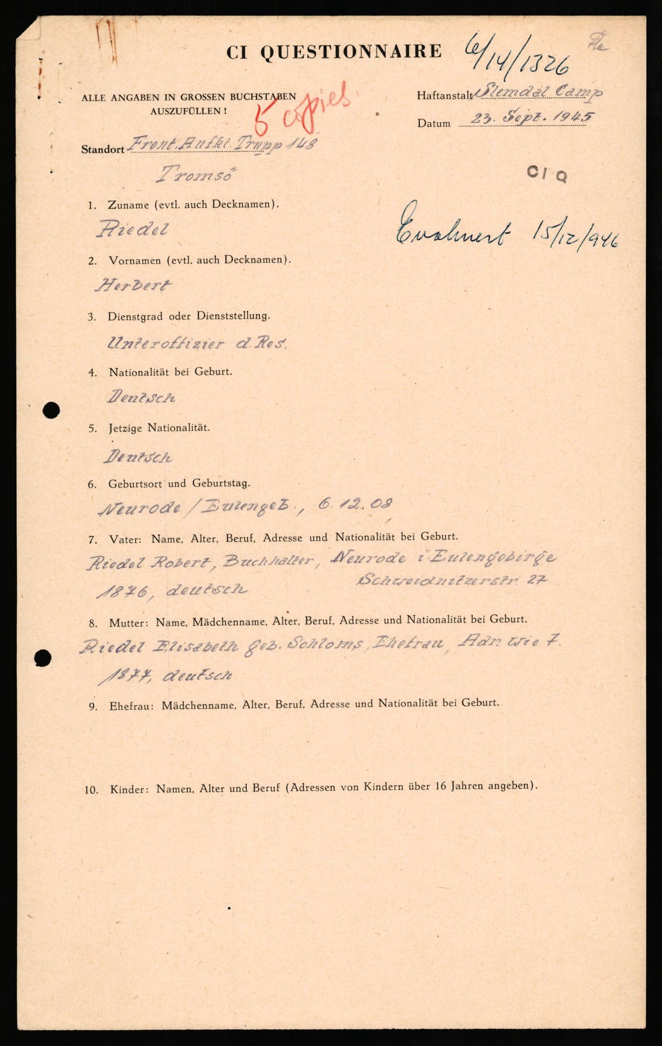 Forsvaret, Forsvarets overkommando II, AV/RA-RAFA-3915/D/Db/L0027: CI Questionaires. Tyske okkupasjonsstyrker i Norge. Tyskere., 1945-1946, p. 358