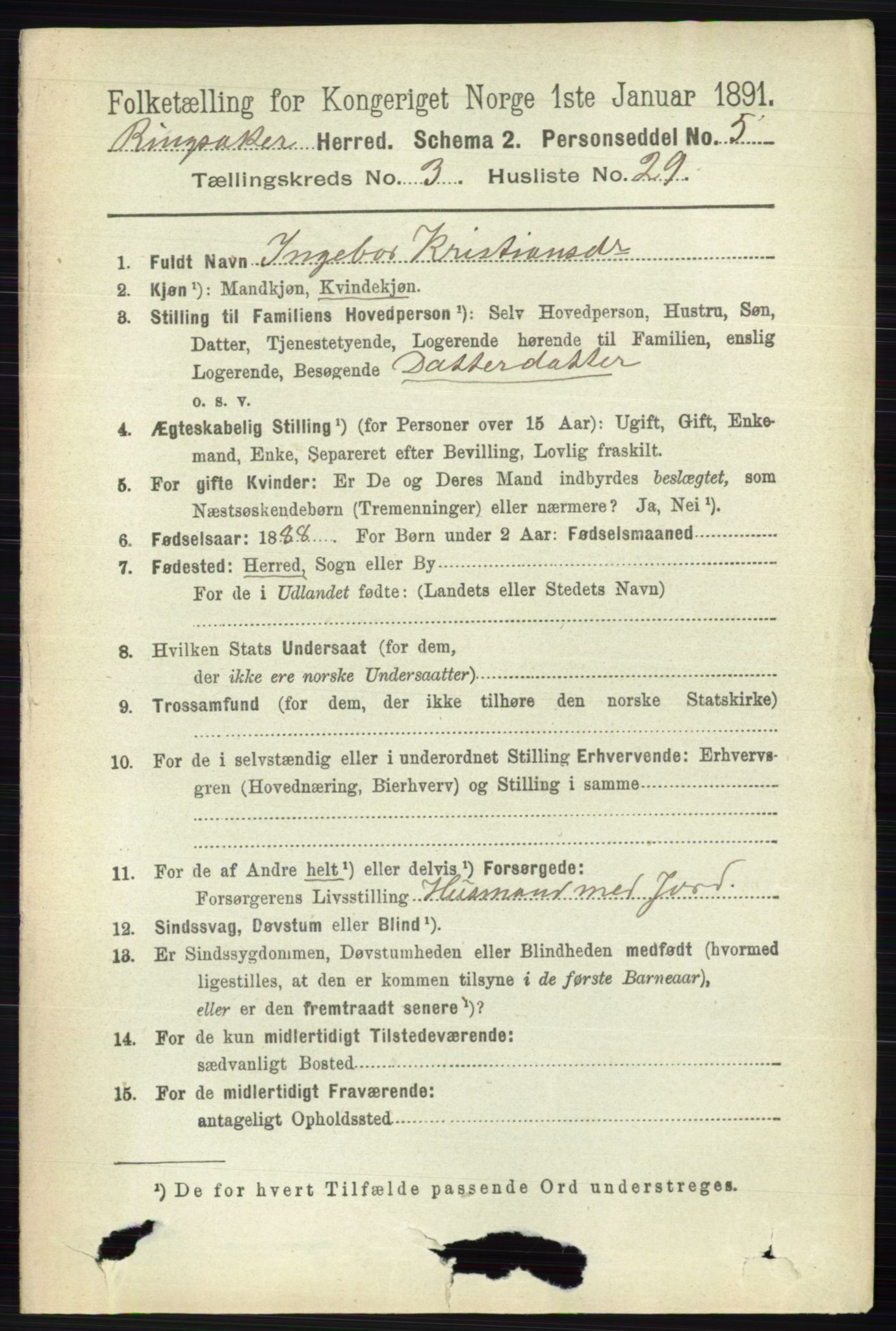 RA, 1891 census for 0412 Ringsaker, 1891, p. 1407