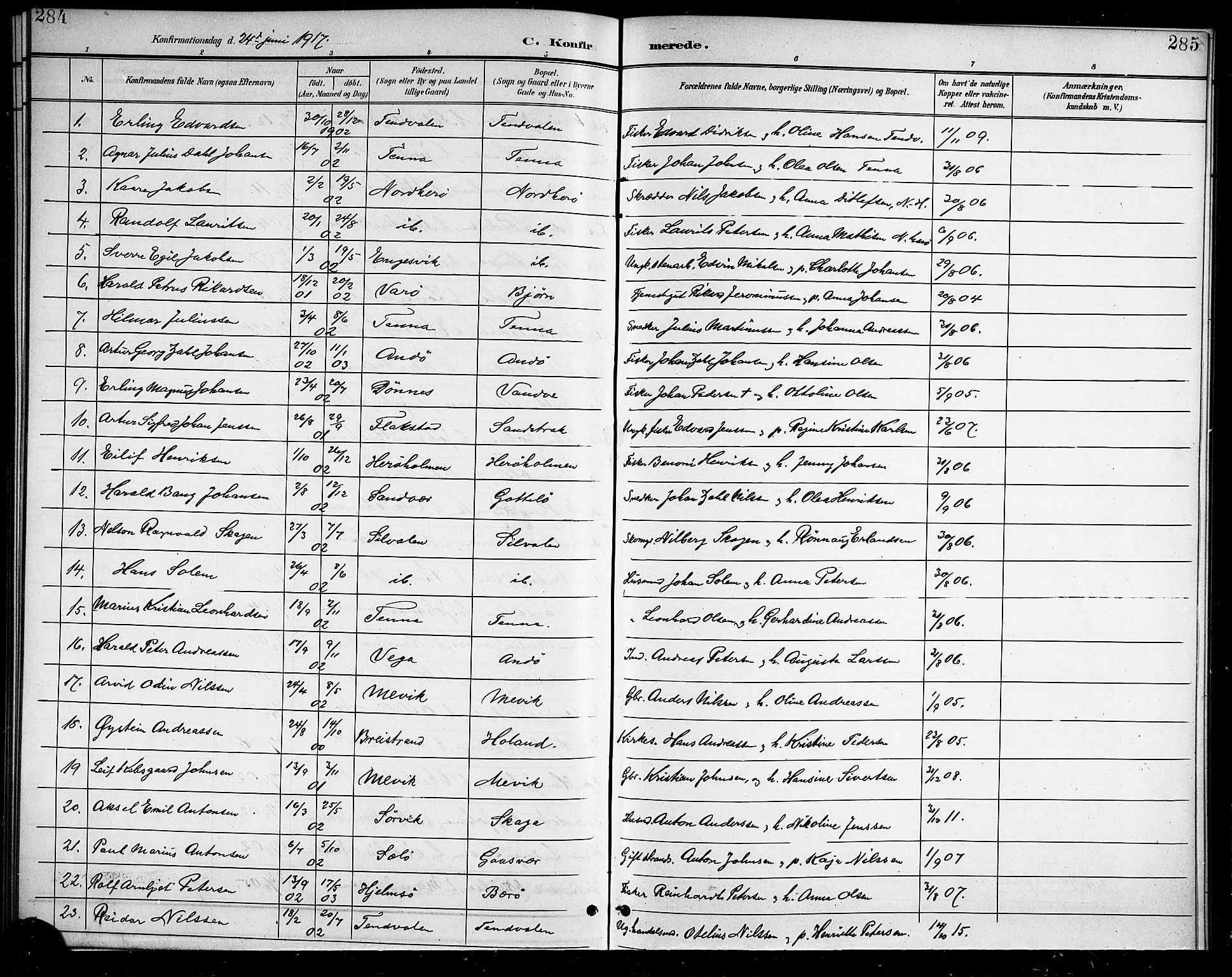 Ministerialprotokoller, klokkerbøker og fødselsregistre - Nordland, SAT/A-1459/834/L0516: Parish register (copy) no. 834C06, 1902-1918, p. 284-285