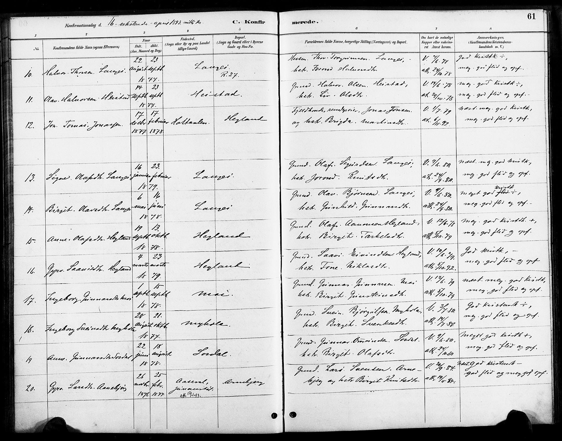 Bygland sokneprestkontor, SAK/1111-0006/F/Fa/Faa/L0001: Parish register (official) no. A 1, 1885-1908, p. 61