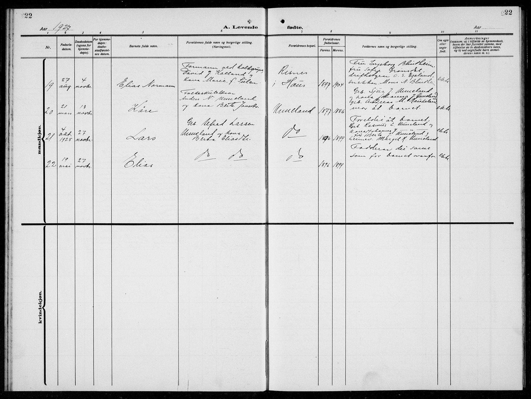 Arna Sokneprestembete, AV/SAB-A-74001/H/Ha/Hab: Parish register (copy) no. A  6, 1922-1936, p. 22