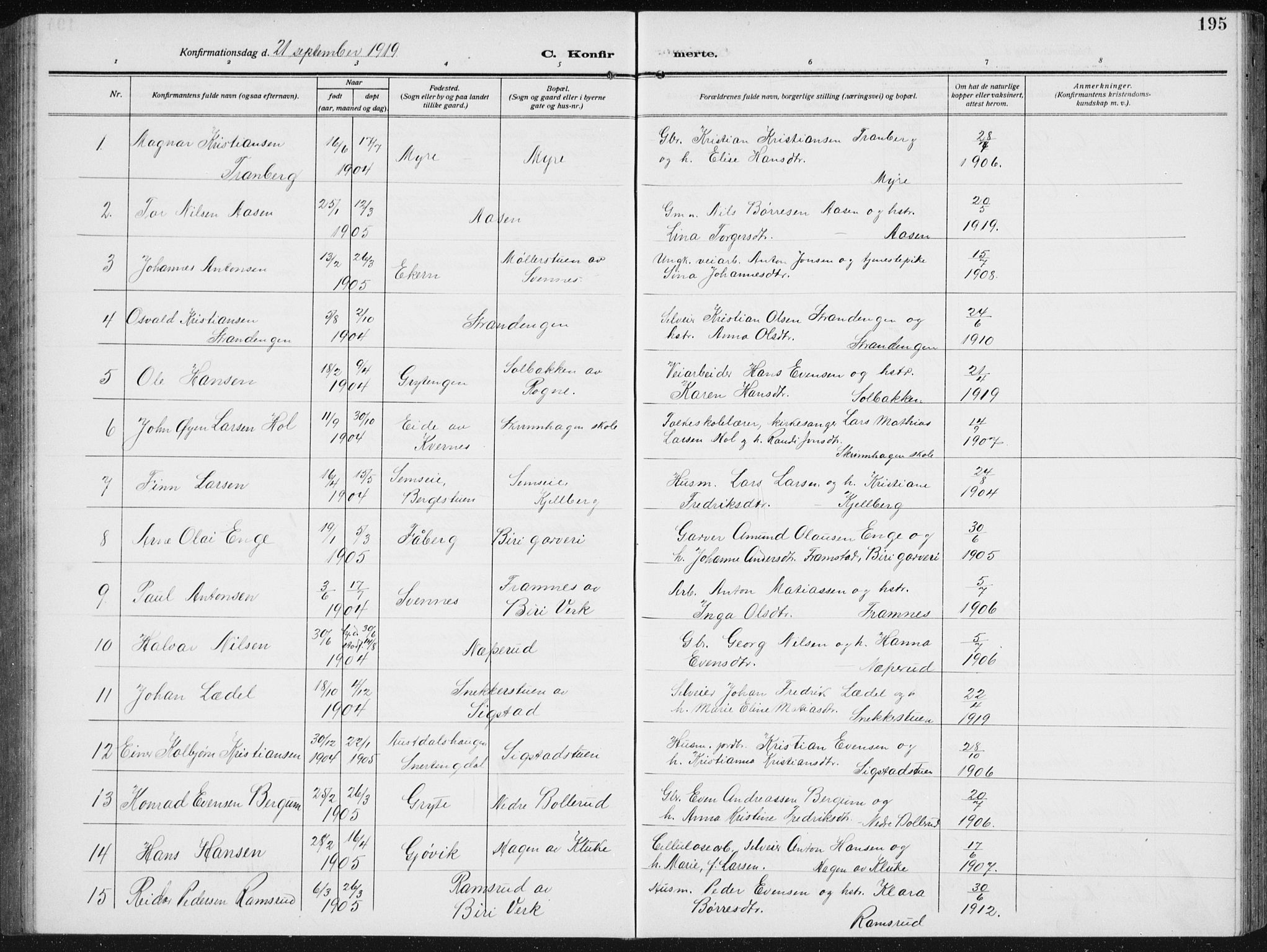 Biri prestekontor, AV/SAH-PREST-096/H/Ha/Hab/L0006: Parish register (copy) no. 6, 1909-1938, p. 195