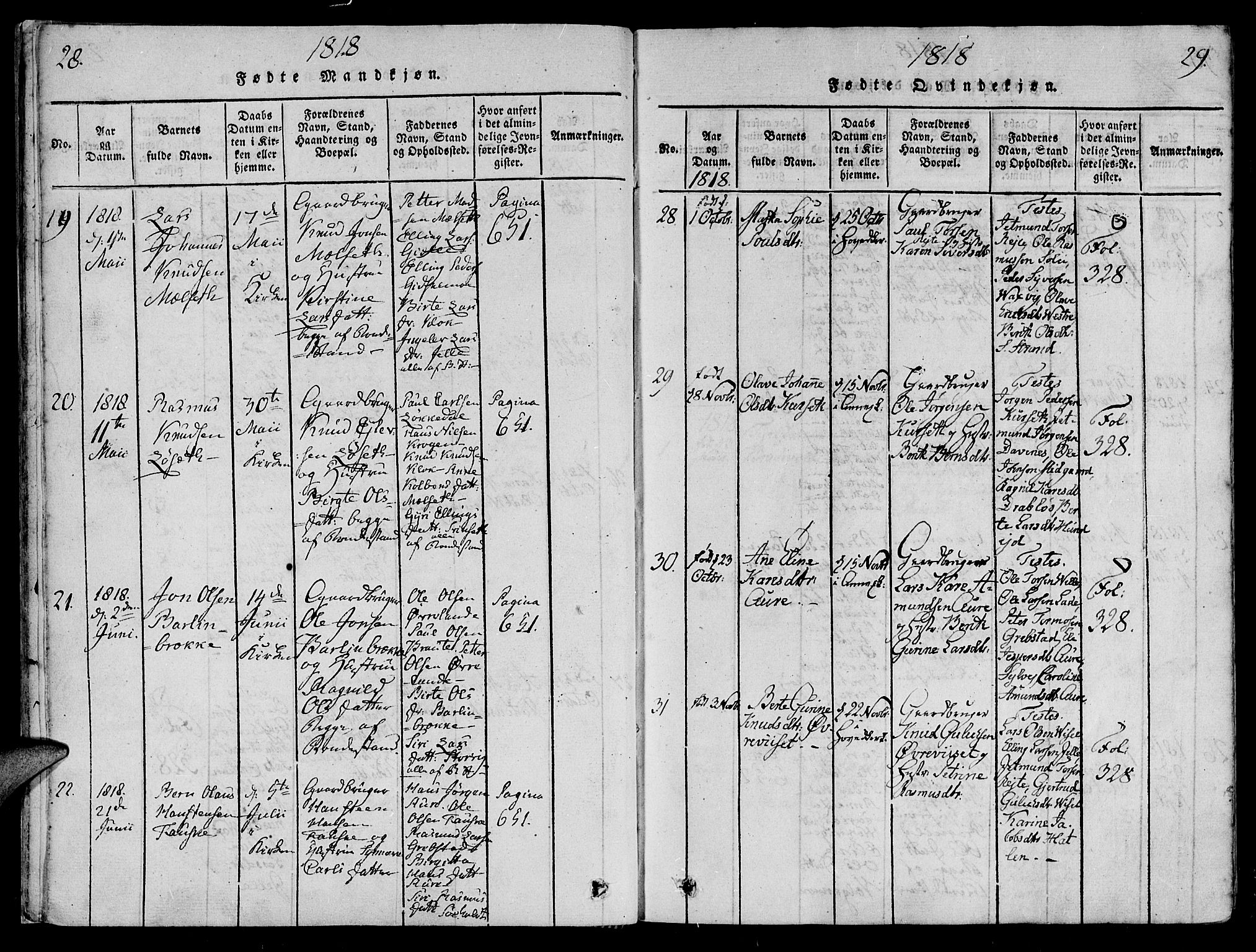 Ministerialprotokoller, klokkerbøker og fødselsregistre - Møre og Romsdal, AV/SAT-A-1454/522/L0310: Parish register (official) no. 522A05, 1816-1832, p. 28-29