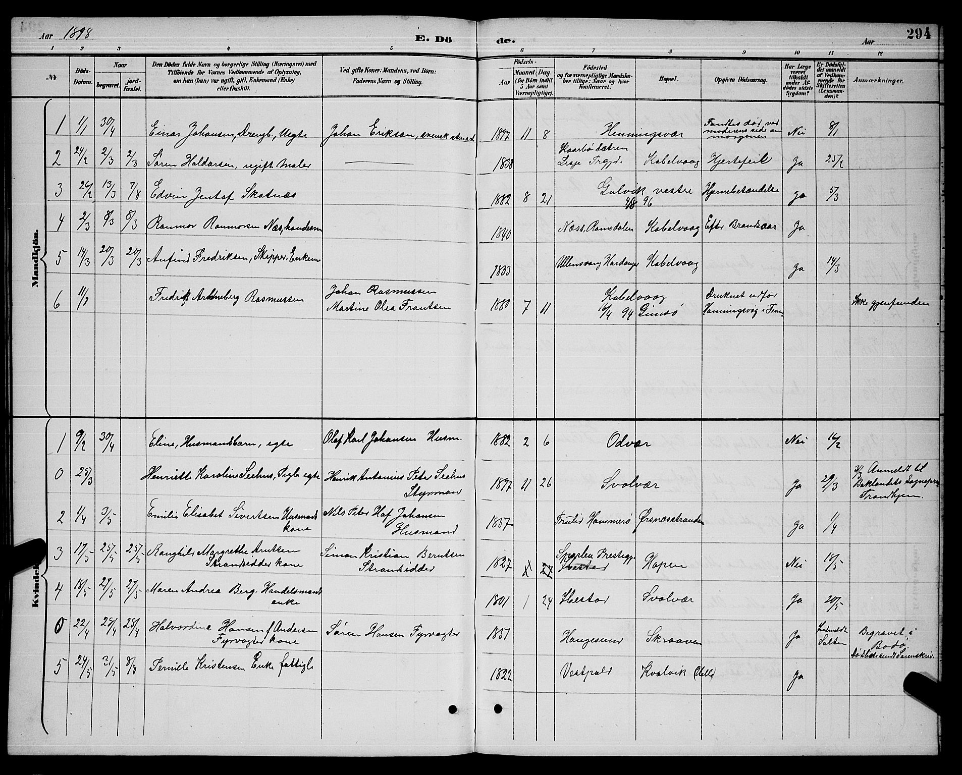 Ministerialprotokoller, klokkerbøker og fødselsregistre - Nordland, AV/SAT-A-1459/874/L1077: Parish register (copy) no. 874C06, 1891-1900, p. 294