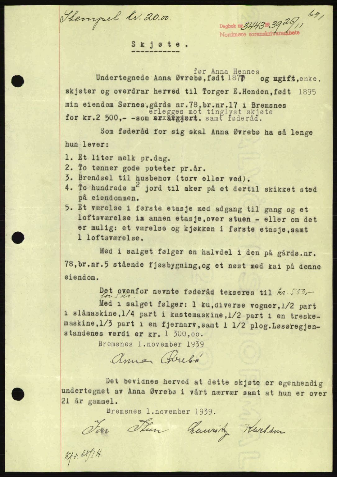 Nordmøre sorenskriveri, AV/SAT-A-4132/1/2/2Ca: Mortgage book no. A87, 1939-1940, Diary no: : 3443/1939