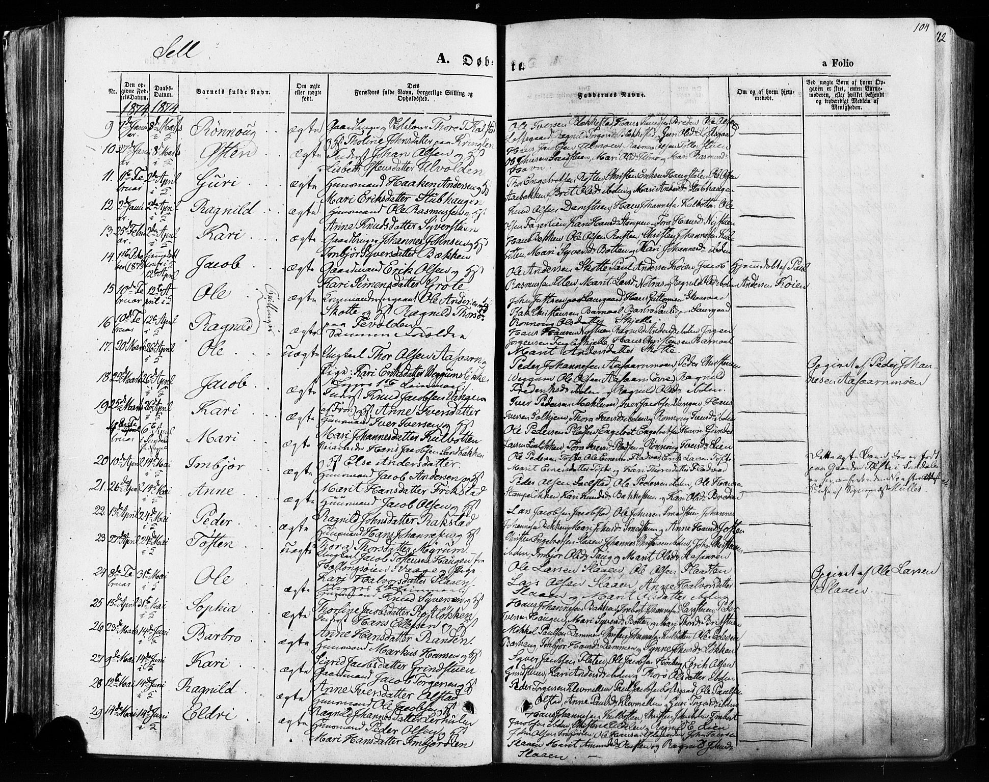 Vågå prestekontor, SAH/PREST-076/H/Ha/Haa/L0007: Parish register (official) no. 7 /3, 1872-1886, p. 104