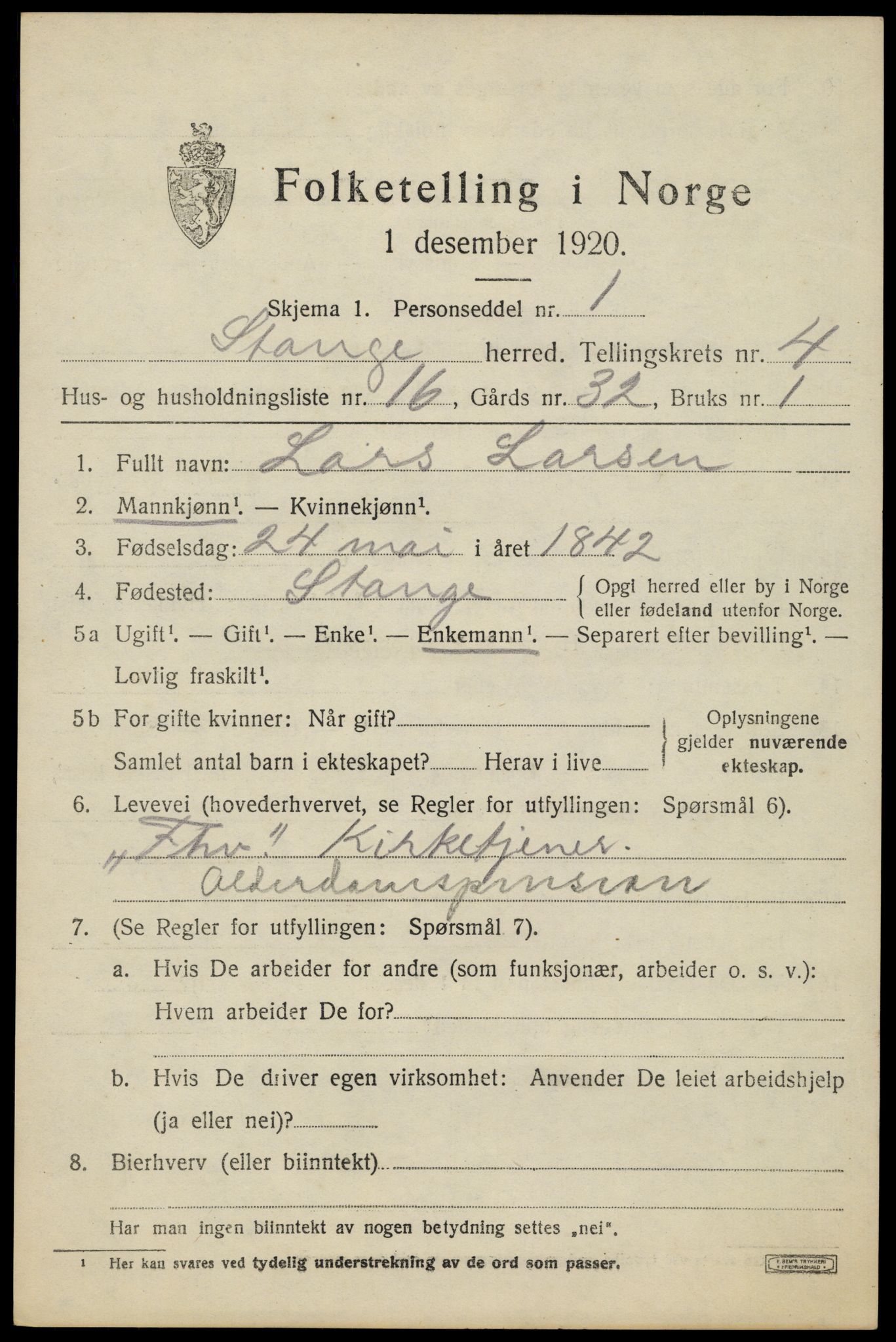 SAH, 1920 census for Stange, 1920, p. 6807