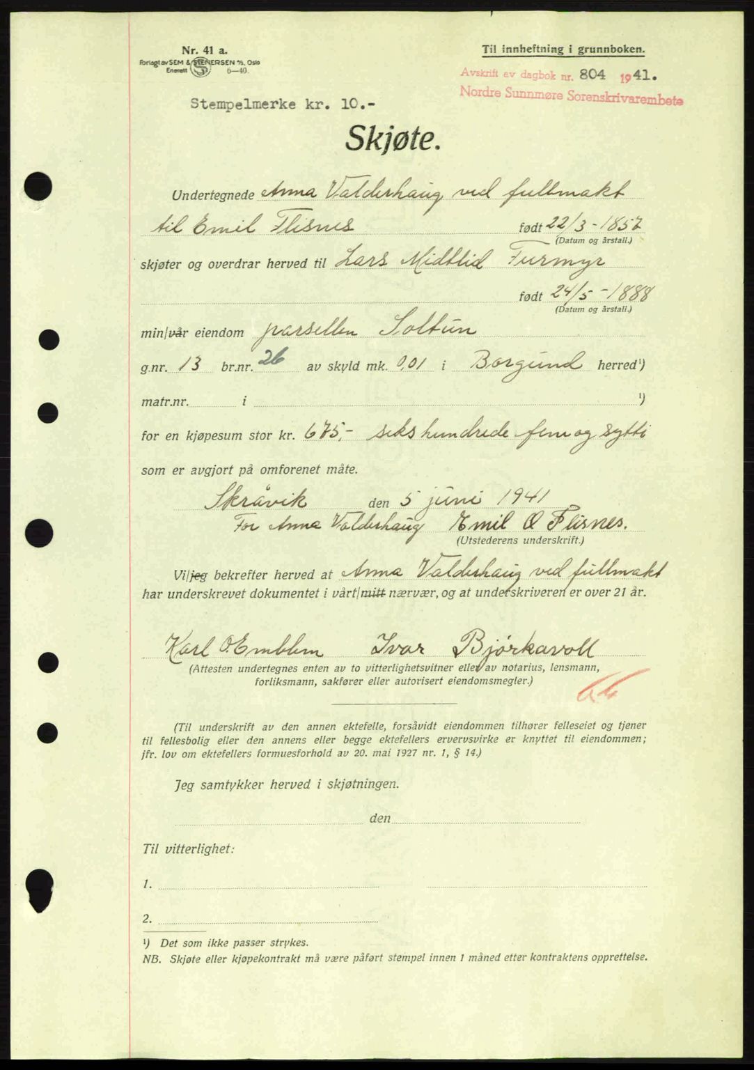 Nordre Sunnmøre sorenskriveri, AV/SAT-A-0006/1/2/2C/2Ca: Mortgage book no. A11, 1941-1941, Diary no: : 804/1941