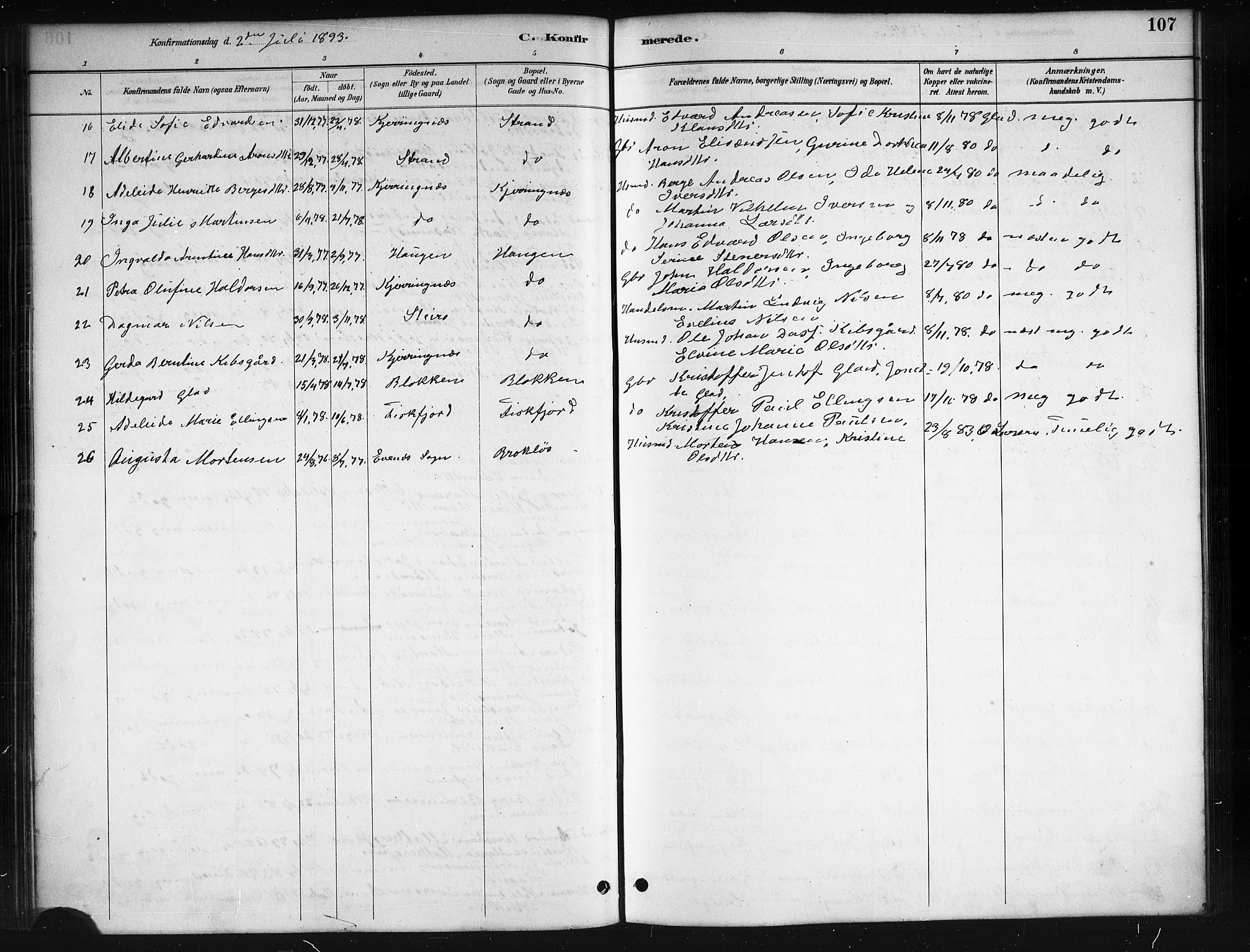 Ministerialprotokoller, klokkerbøker og fødselsregistre - Nordland, AV/SAT-A-1459/895/L1382: Parish register (copy) no. 895C04, 1885-1896, p. 107