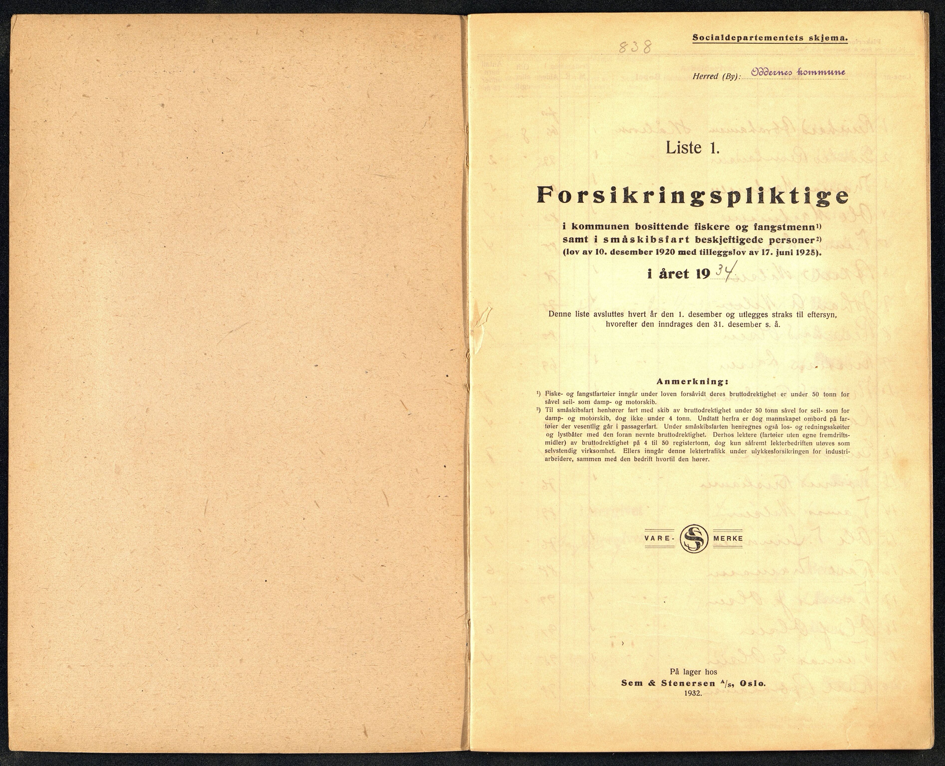 Oddernes kommune - Fiskermanntallnemnda, ARKSOR/1001OD622/F/L0001/0008: Manntall over forsikringspliktige fiskere og fangstmenn / Manntall over forsikringspliktige fiskere og fangstmenn, 1934