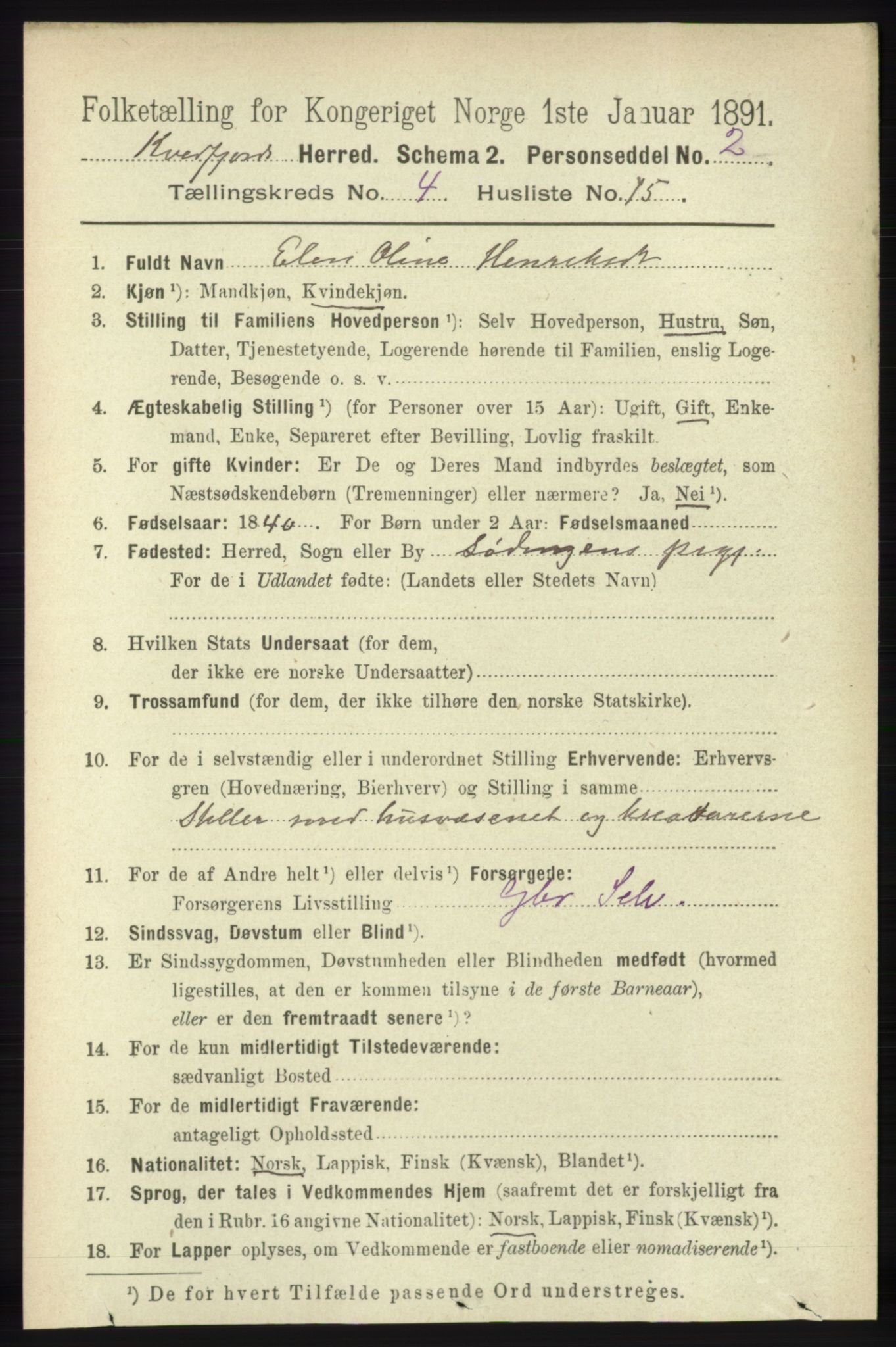 RA, 1891 census for 1911 Kvæfjord, 1891, p. 1980