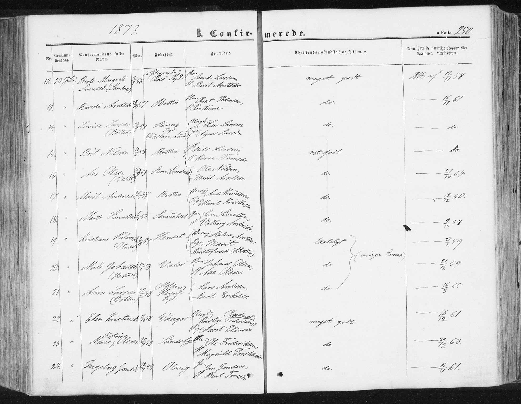 Ministerialprotokoller, klokkerbøker og fødselsregistre - Møre og Romsdal, AV/SAT-A-1454/578/L0905: Parish register (official) no. 578A04, 1859-1877, p. 250