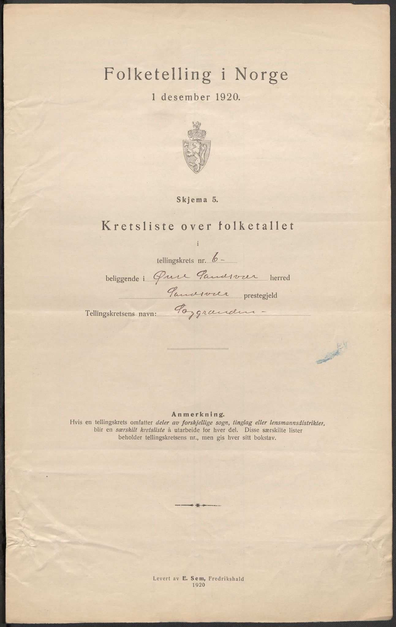 SAKO, 1920 census for Øvre Sandsvær, 1920, p. 19